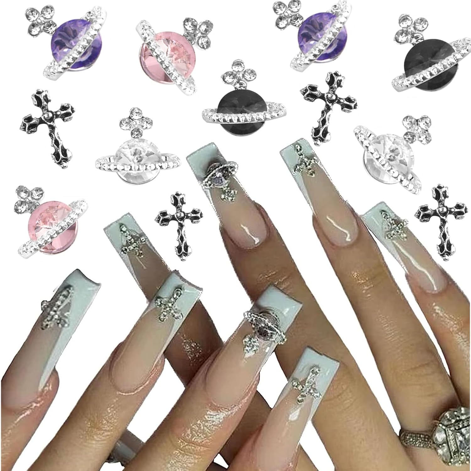 50PCS 3D Nail Charms, 40pcs Nail Charms Cross & 10pcs Cross Nail