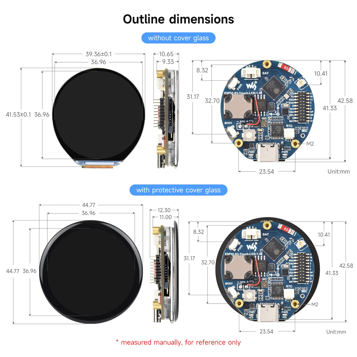 Waveshare ESP32-S3 1.46inch Round Display Development Board, 412x412, Supports Wi-FI & BLT, Accelerometer and Gyroscope Sensor, Onboard Speaker and Microphone, Without Protective Cover Glass