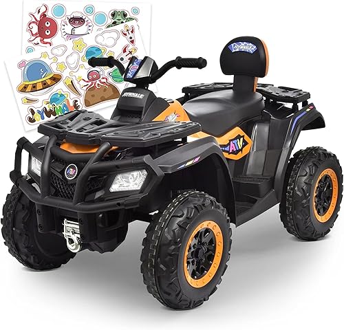 Joywhale ATV de 12 V y 2 plazas para niños de 3 a 8 años, con calcomanía de bricolaje, batería 7AH, suspensión de metal, faros brillantes, música,