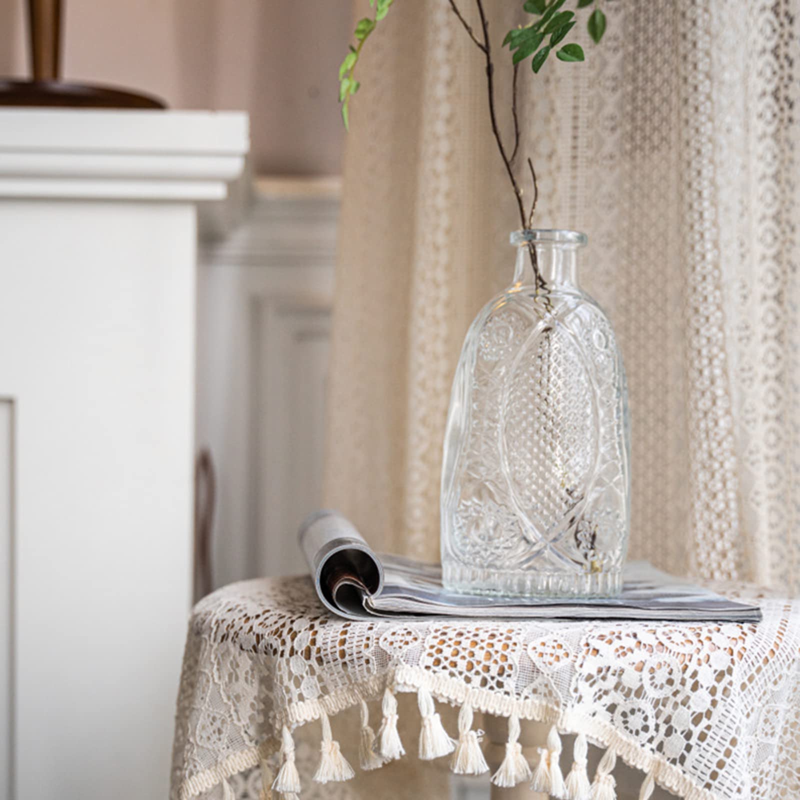 Tospass Vintage Style Rideau Boho Bohème Rideaux Beige Semi-Transparent avec Gland 2 pièce Rideaux Extérieur Coton pour Salon Chambre Rideaux Moderne 150x160 cm