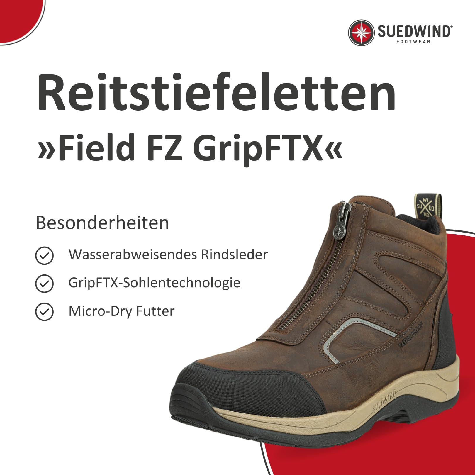 SUEDWIND FOOTWEAR Reitstiefeletten Field FZ GripFTX – Unisex Leder-Stiefeletten – Stall & Gelände Allwetterstiefeletten – Front-Zipper, Micro-Dry-Futter, GripFTX-Sohle – chocolate – 36-46