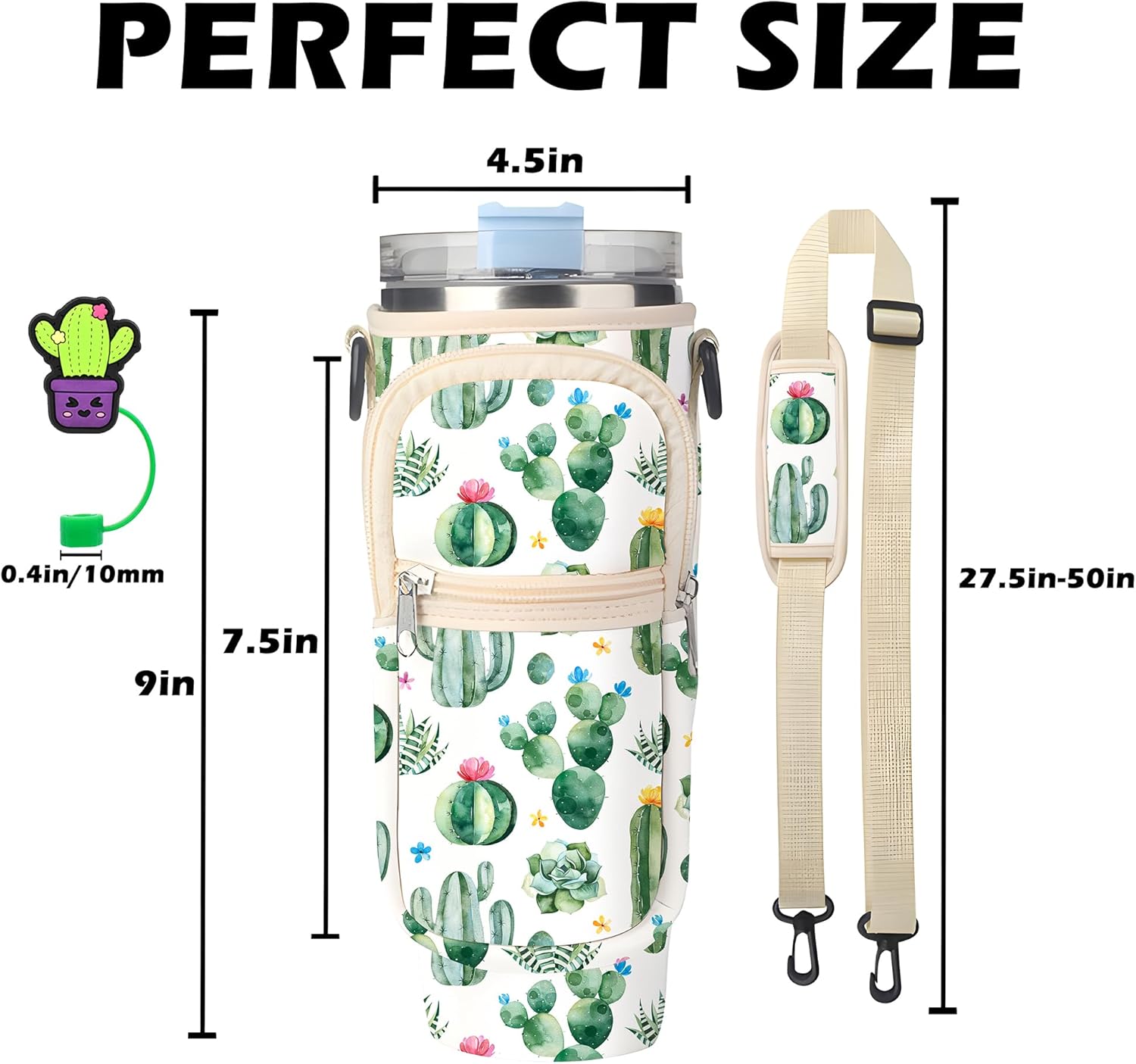 Stanley Cup Bag, Cup Holder for Stanley 30oz/40oz Tumbler with Handle, Stanley Carrier Bag with 4Pcs Cute Straw Topper for Stanley Cup Accessories