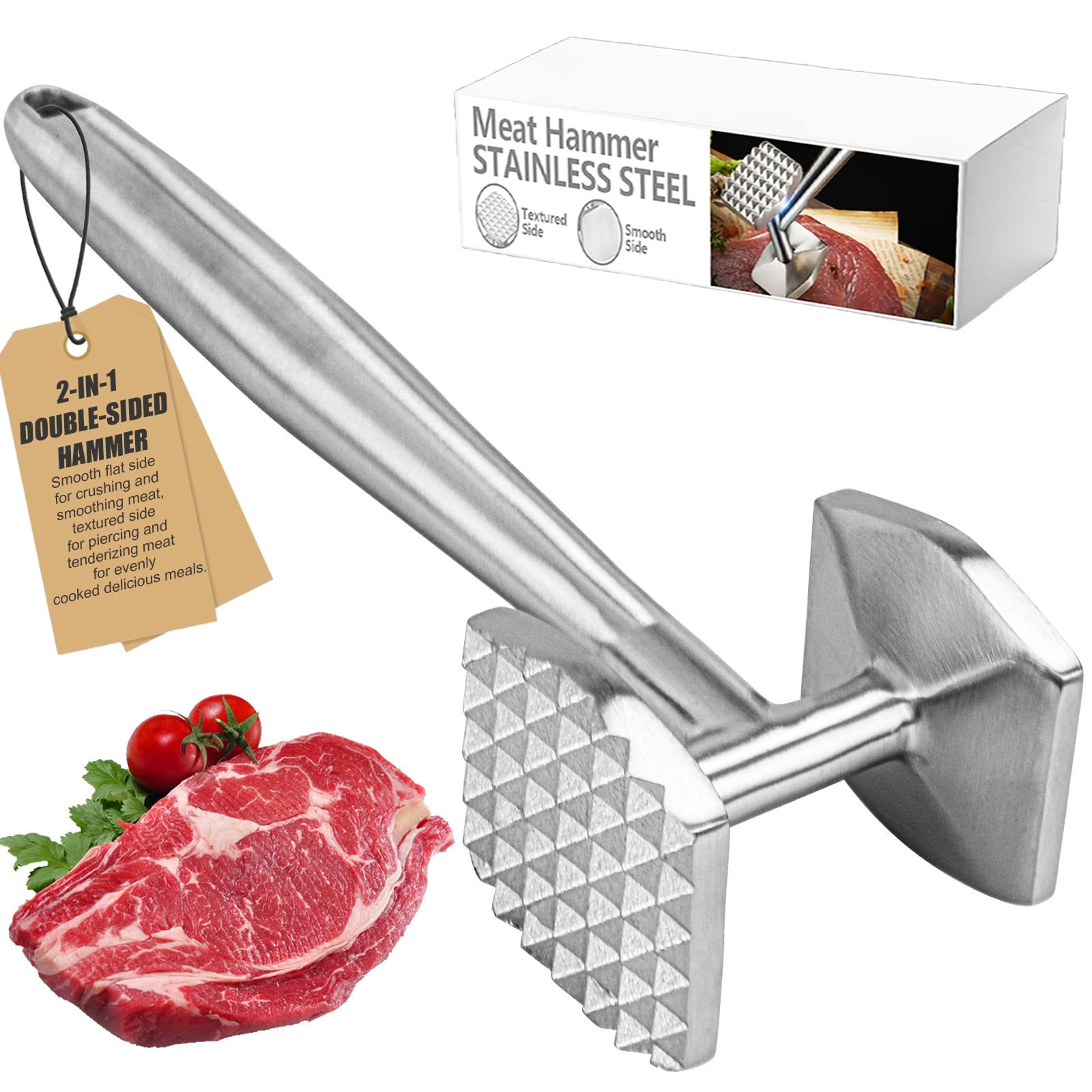AKOLAFE Martillo Carne de Acero Inoxidable 304, Ablandador de Carne Doble Cara con Lado Liso y Texturizado, Mango Hueco 26 x 5 x 6,3 cm para Bistec, Pollo y Ternera
