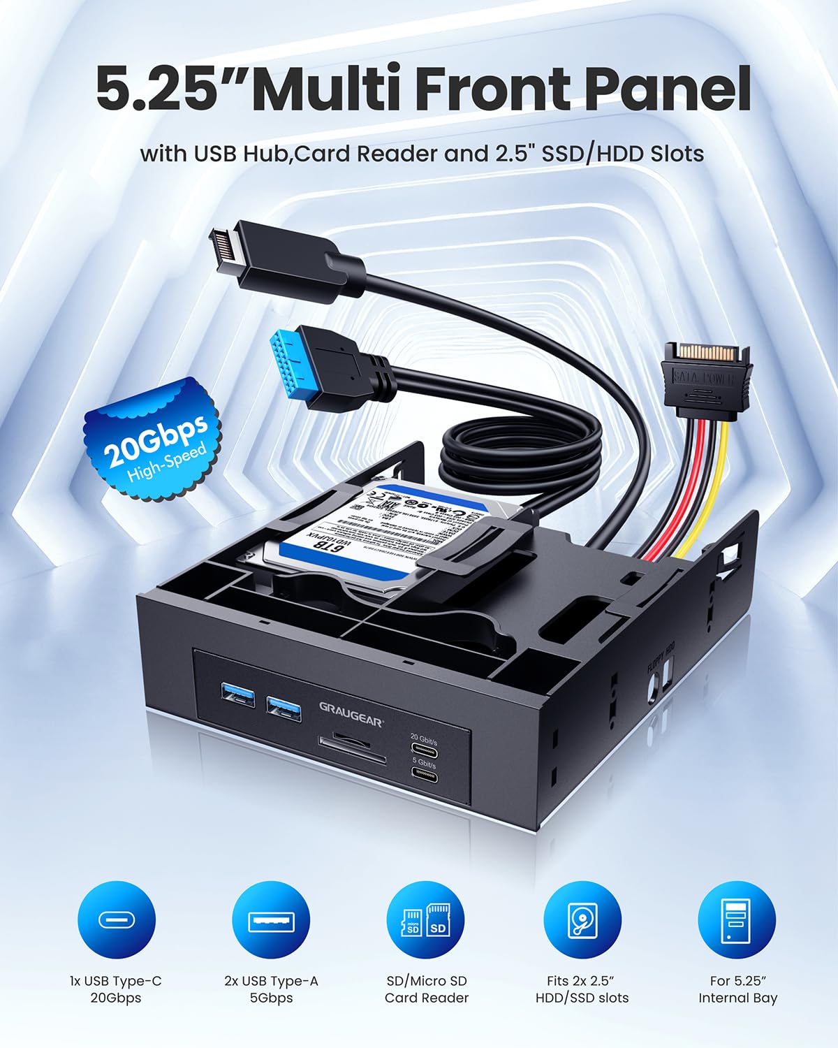 Amazon.com: GRAUGEAR 5.25” Front Panel USB Hub, Internal SD