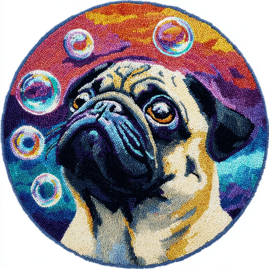 Rqwybcaxn DIY Latch Hook Rug Making Kits for Beginners Animal Embroidery Set Cartoon Pug 60x60cm Round Tapestry with Crochet Hook Bedroom Craft Gift