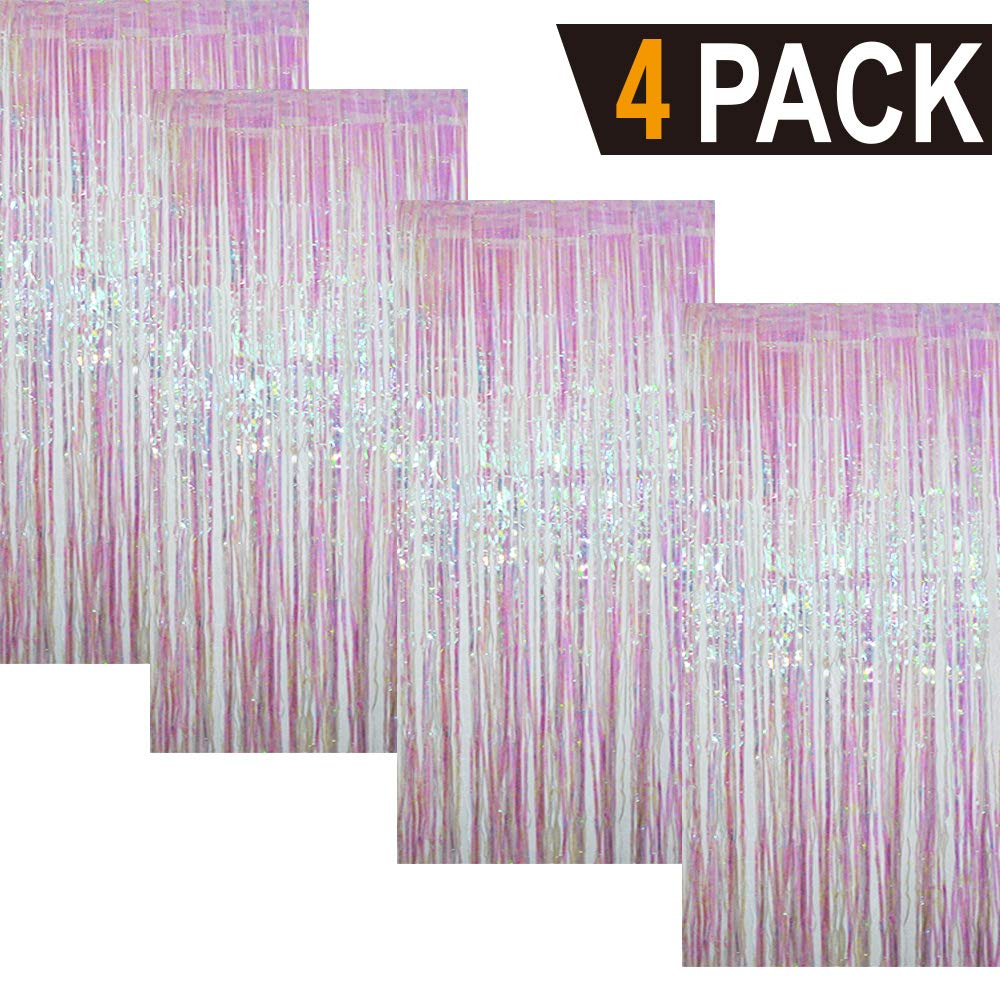 GOER 3.2 ft x 9.8 ft Metallic Tinsel Foil Fringe Curtains Party Photo Backdrop Party Streamers for Birthday,Graduation,New Year Eve Decorations Wedding Decor (4 Packs,Iridescent)
