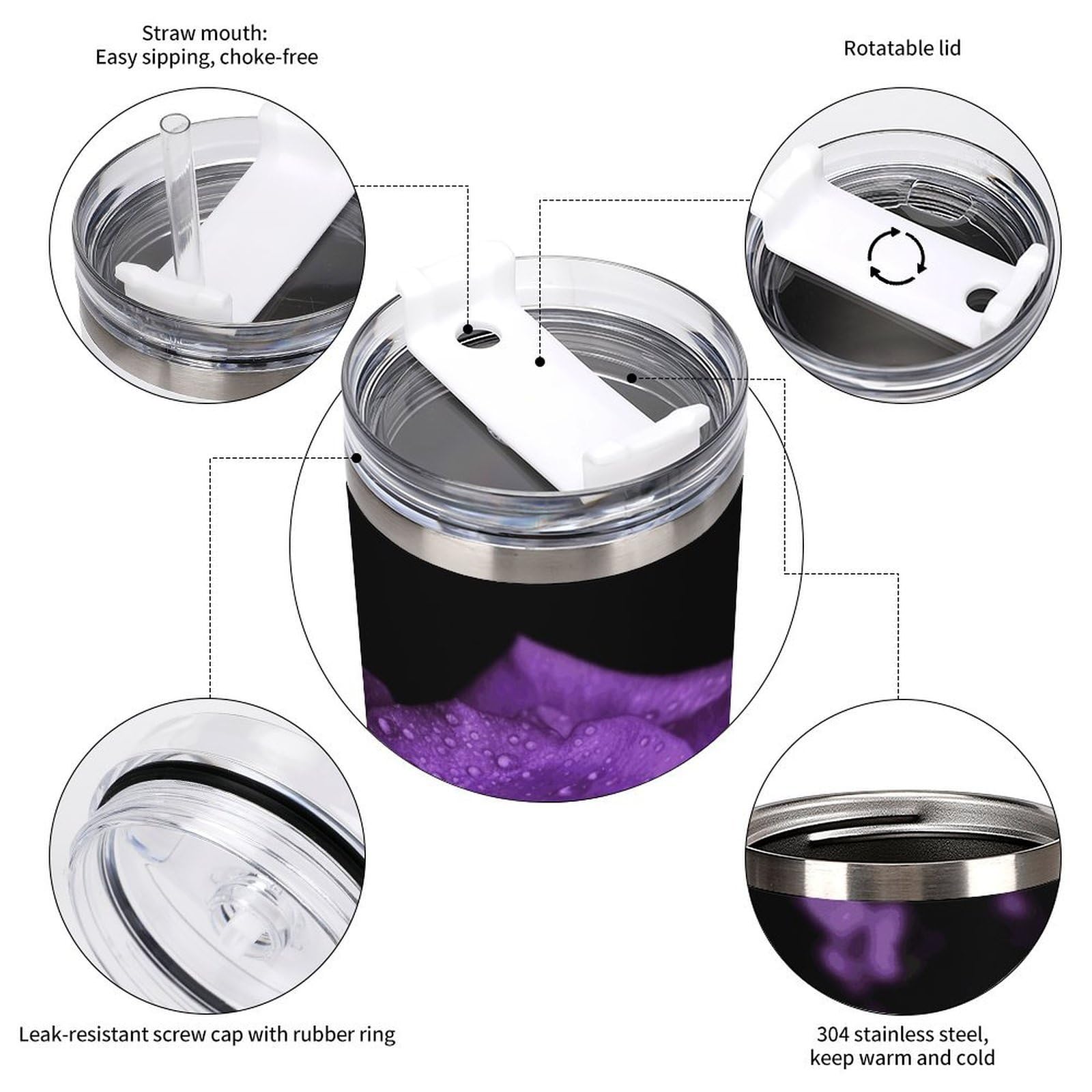 Tazas de rosa morada con popote y asa, taza de café con aislamiento al vacío de doble pared, botellas de agua para café helado, té, bebida caliente y fría