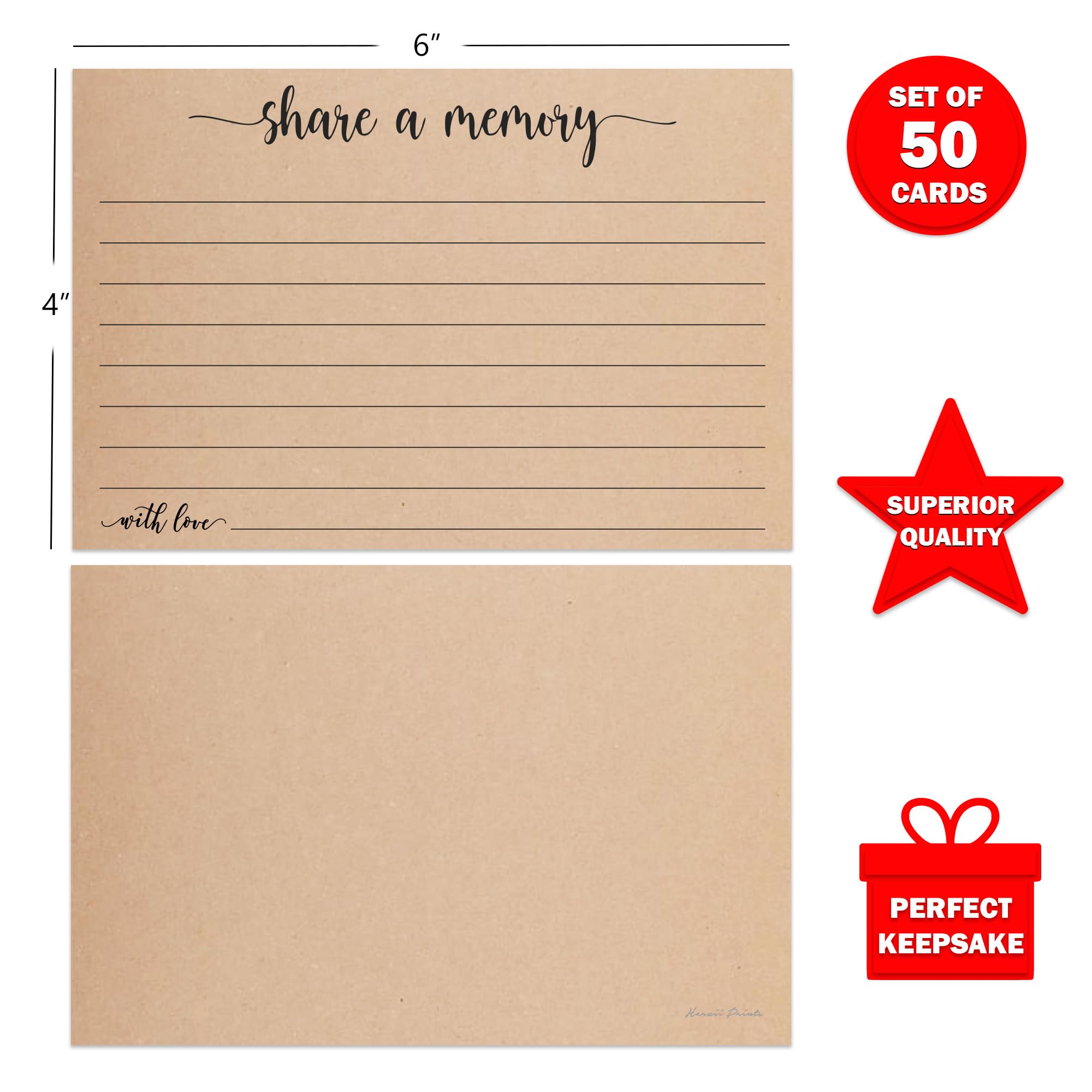 Herzii Prints Kraft Share a Memory Card - Elegant Memory Cards for Celebration, Funeral, Wedding, Event, Keepsake Memory Book, Celebration Of Life Decorations 4x6 Set of 50