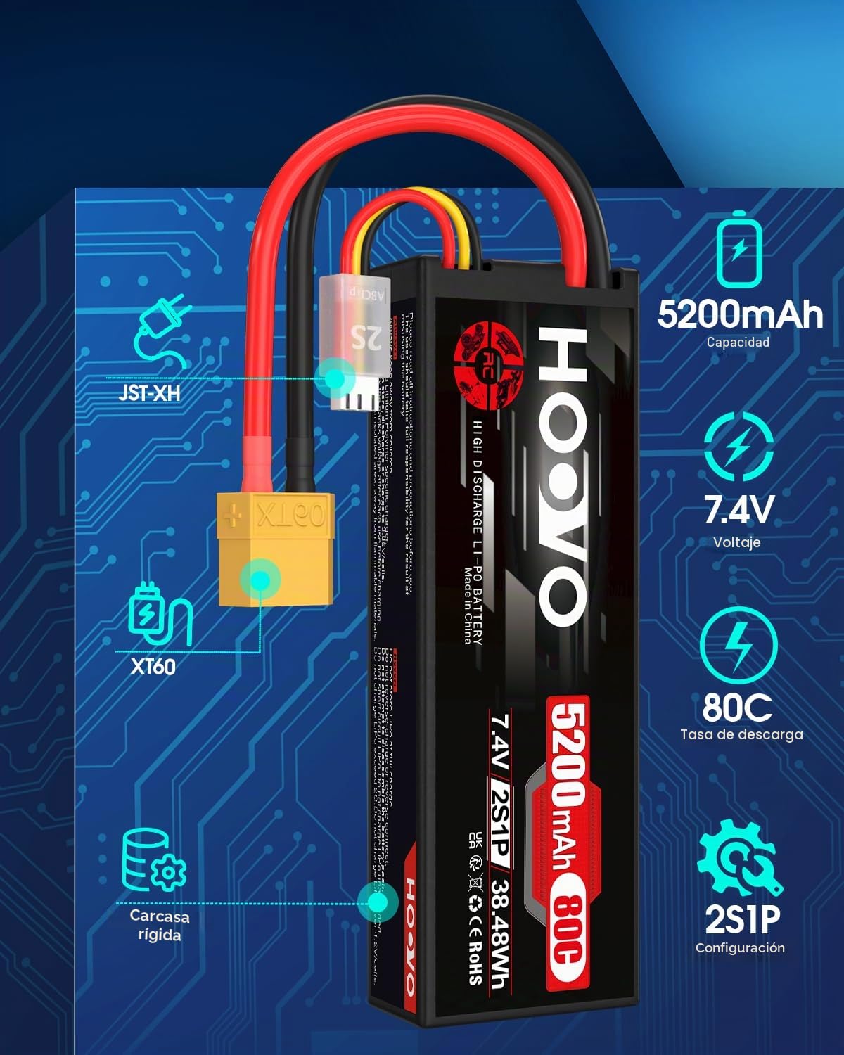 HOOVO 2S LiPo RC 7.4V 5200mAh 80C Funda Rígida con Conector XT60 Batería de Repuesto para RC Car Truck Heli Avión Rock Crawler Avión Helicóptero RC Car Truck Boot (2 Paquetes)