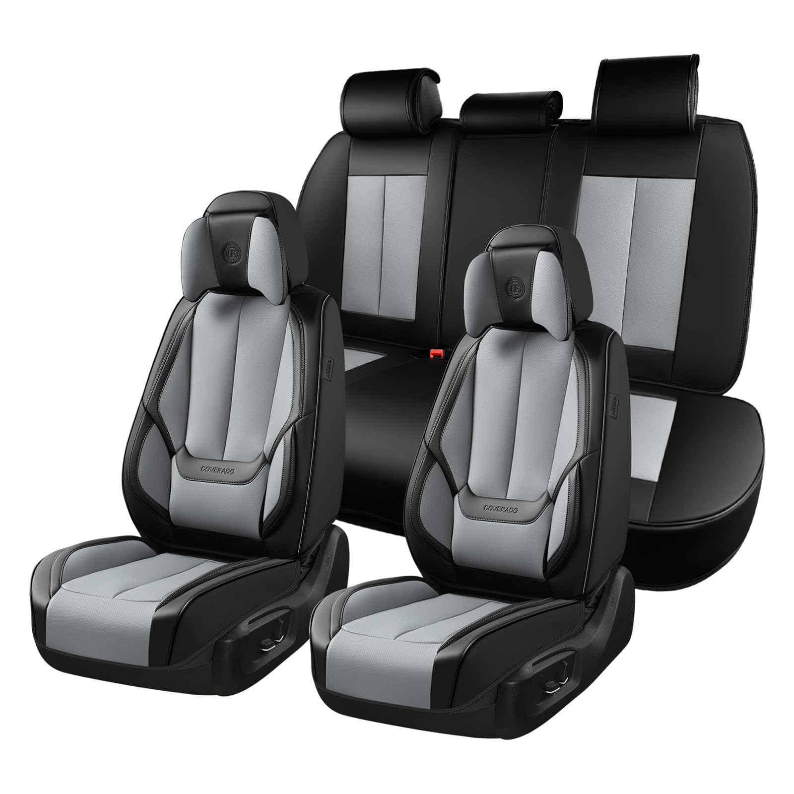 Coverado Seat Covers Full Set, 5 Seats Seat Covers for Cars, Waterproof Nappa Leather Car Seat Covers with Head Pillow, Seat Protectors Car Seat Cushion Universal Fit for Most Cars (Black&amp;Gray)