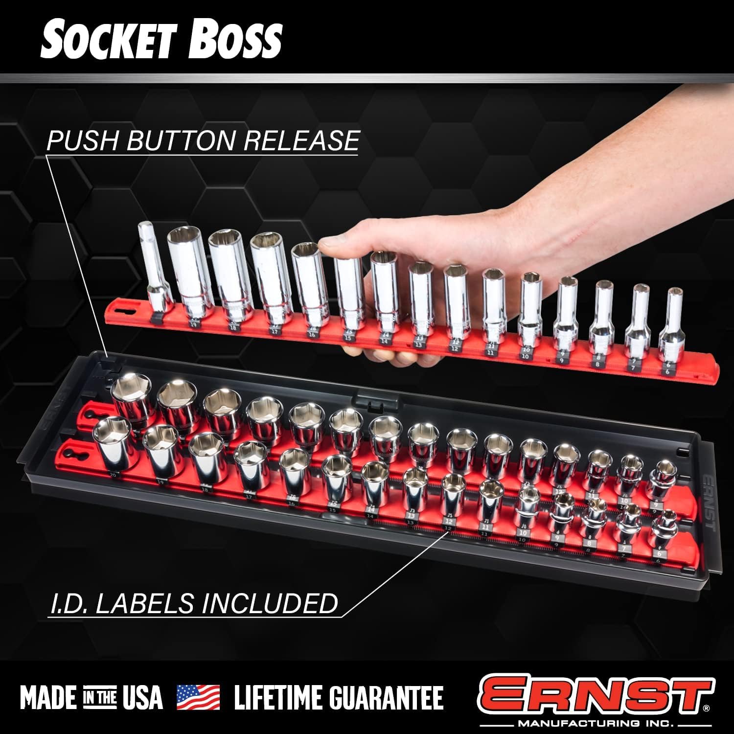 Ernst Manufacturing 2 Pack of Socket Boss with 18" Rails, 1 Red & 1 Blue for Complete Multiple Drive Size Socket Organization, Holds 114 Sockets - Made in USA (Patented) — Amazon image 3