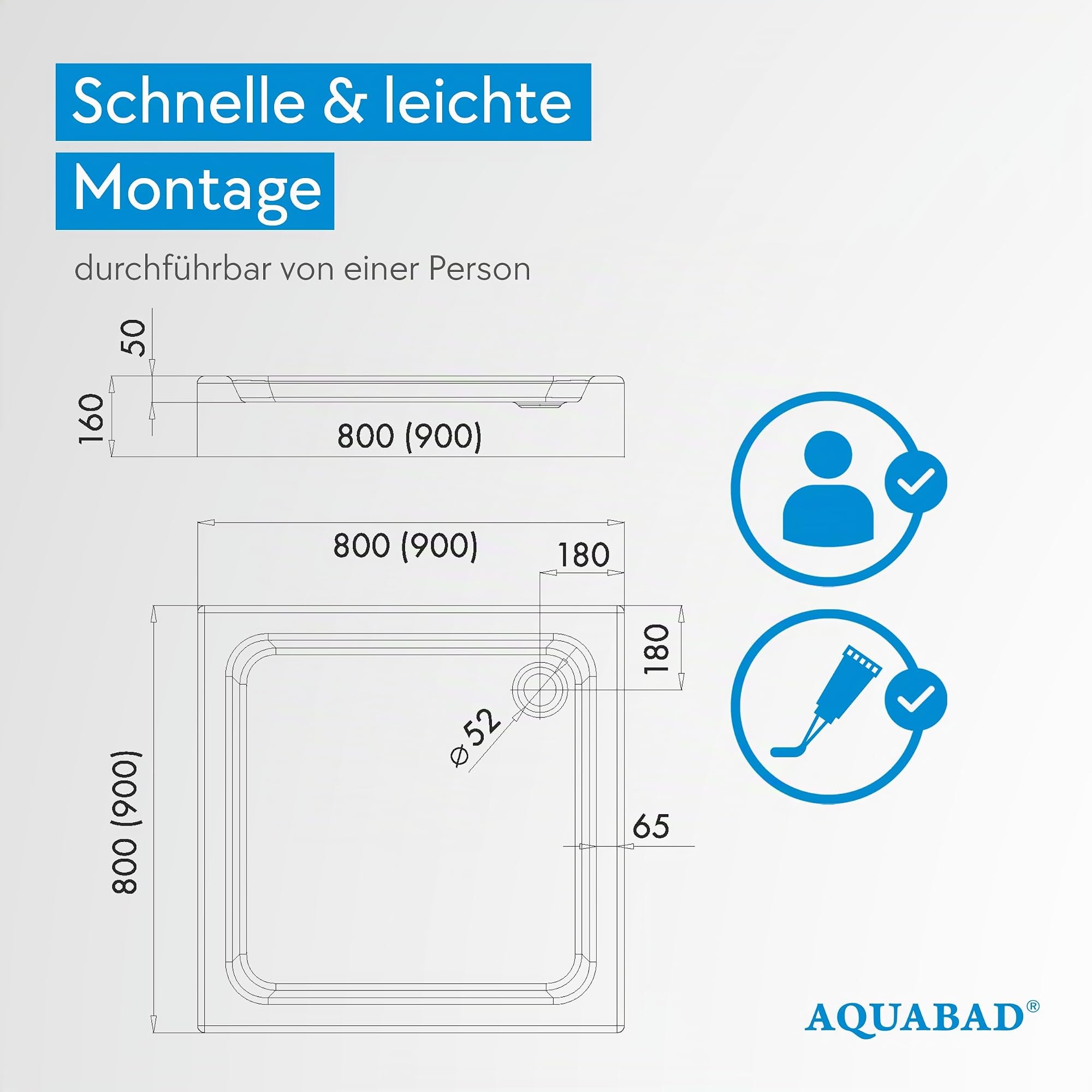 Aquabad Duschwanne NORMA, Maße 90x90cm Quadrat für Duschecke, Duschnische, 3x integrierte Standvorrichtung, Domoplex Siphon, Weißes Sanitäracryl