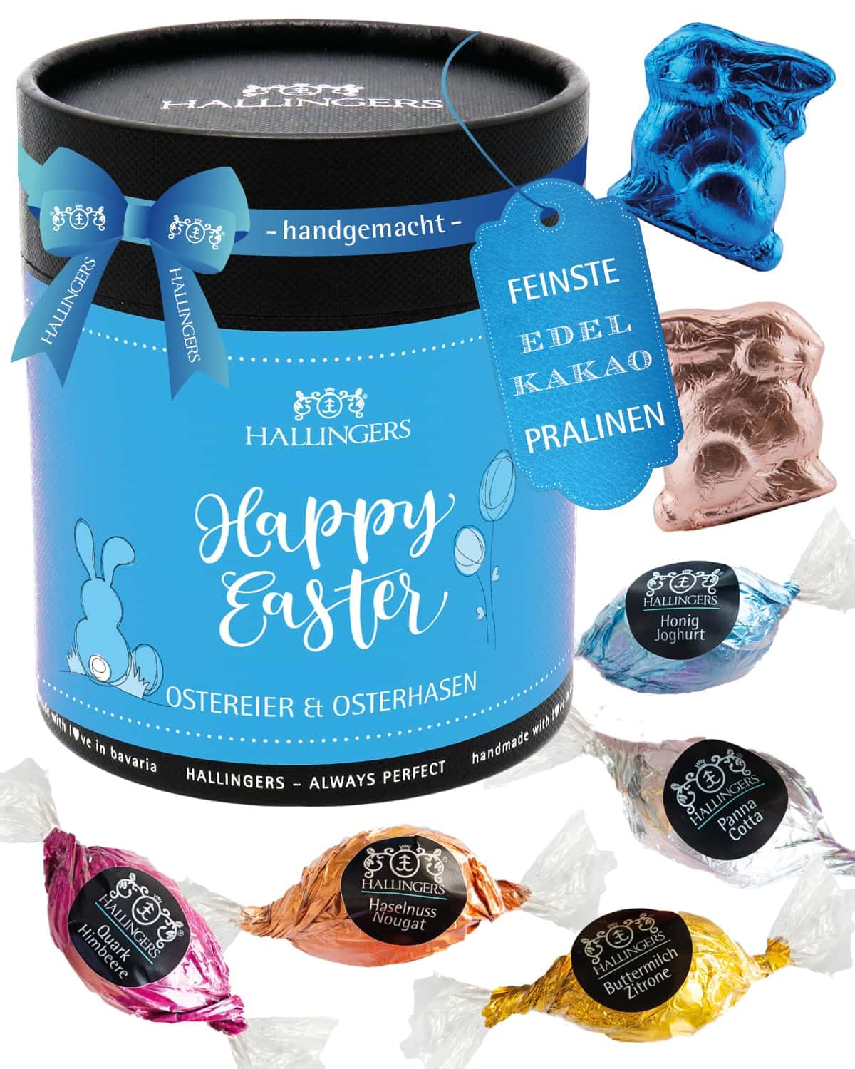 Hallingers Genuss Manufaktur Pralinen-Osterei Oster-Geschenk - mit & ohne Alkohol, handmade aus Edelkakao in wertiger Geschenkdose "Happy Easter", Ostern Körbchen für Frauen Männer