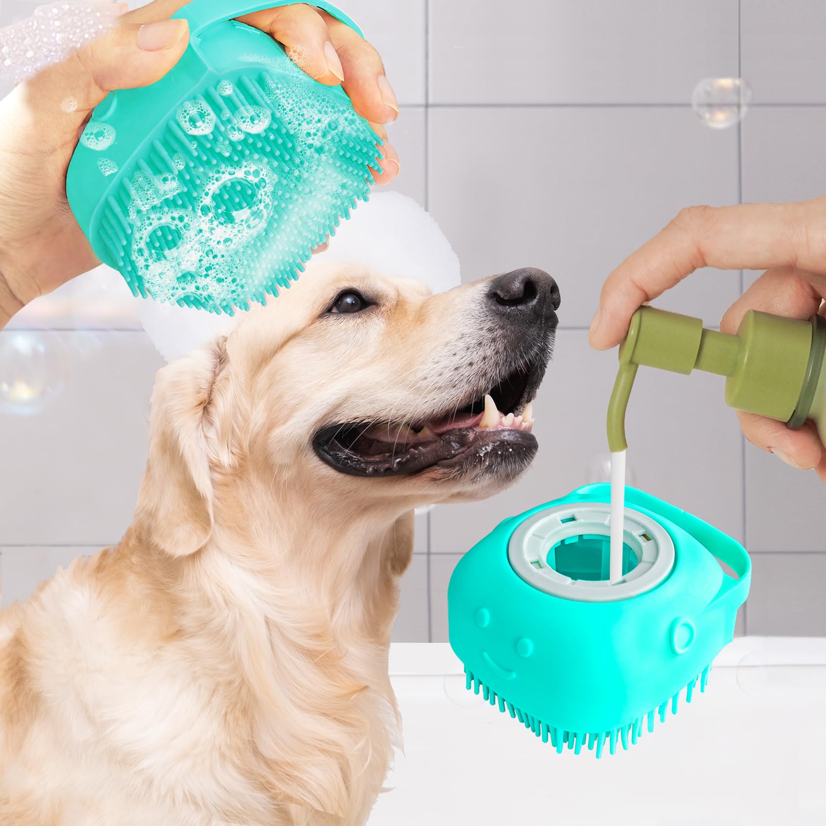 Pet Dog Cat Bath Brush with Soap Dispenser Rubber Comb for Dogs Cats Hair Cleaner for Bath Shower Shampoo