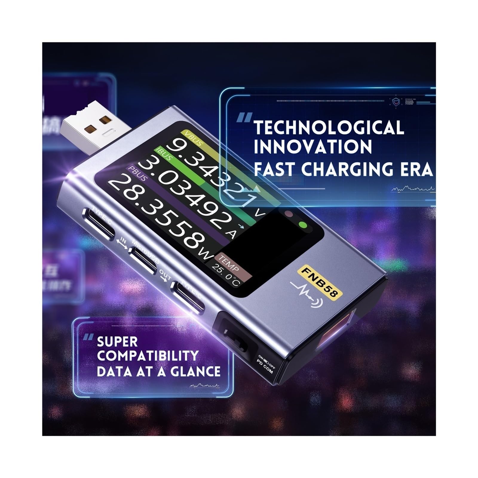 Amperomierz USB, FNB58 Woltomierz cyfrowy Amperomierz Woltomierz prądu Tester USB Wskaźnik napięcia Profesjonalne narzędzia dla elektryków(Without Bluetooth)