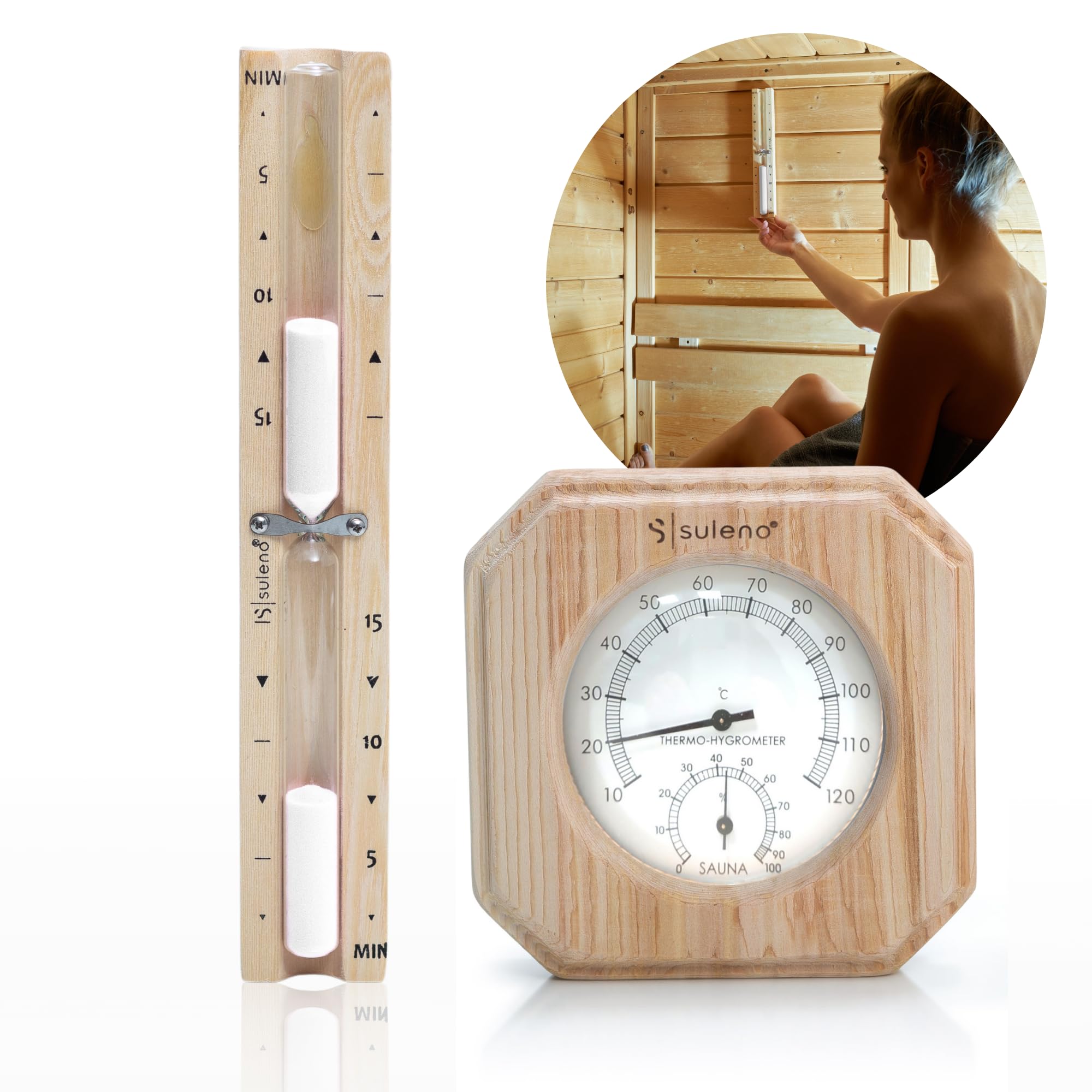 SULENO Saunazubehör Set ANNA, 2-teiliges Set mit Klimamesser, Sanduhr | Temperatur- und Luftfeuchtigkeitsmesser, Hitzebeständig, Wandmontage, Perfekt für Sauna und Wellness