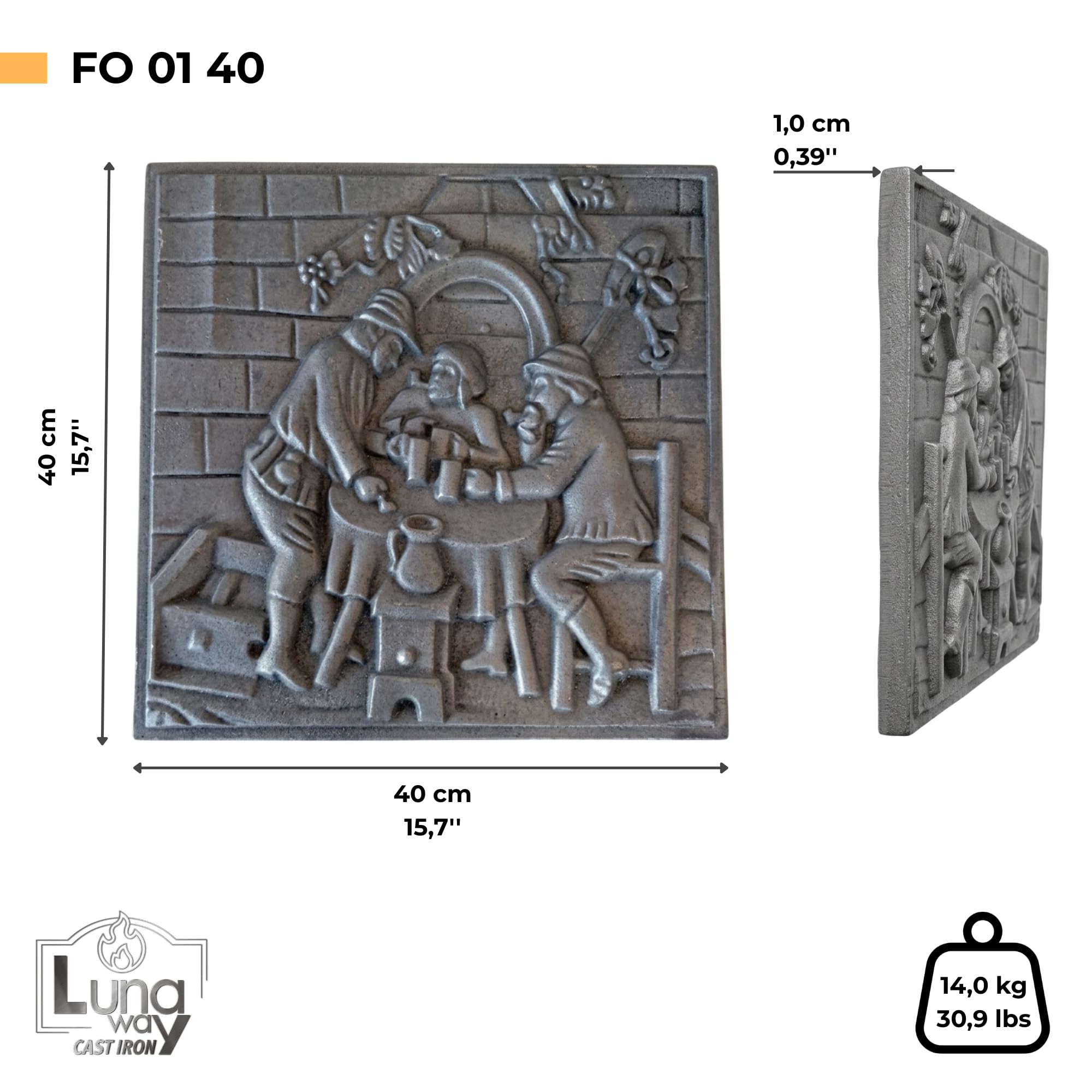 Plaque décorée pour cheminée TAVERNA fonte 40 x 40 cm résistant à l'usure et à la corrosion