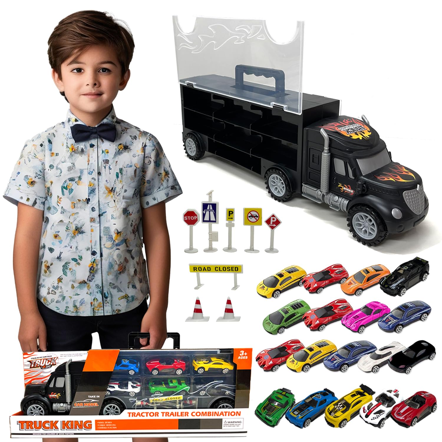 Xwin Sportseries 18 Pcs Kids Truck Container Playset Portable Carrier with Racing Cars, Educational Toy for Boys & Girls, Ages 3 and up