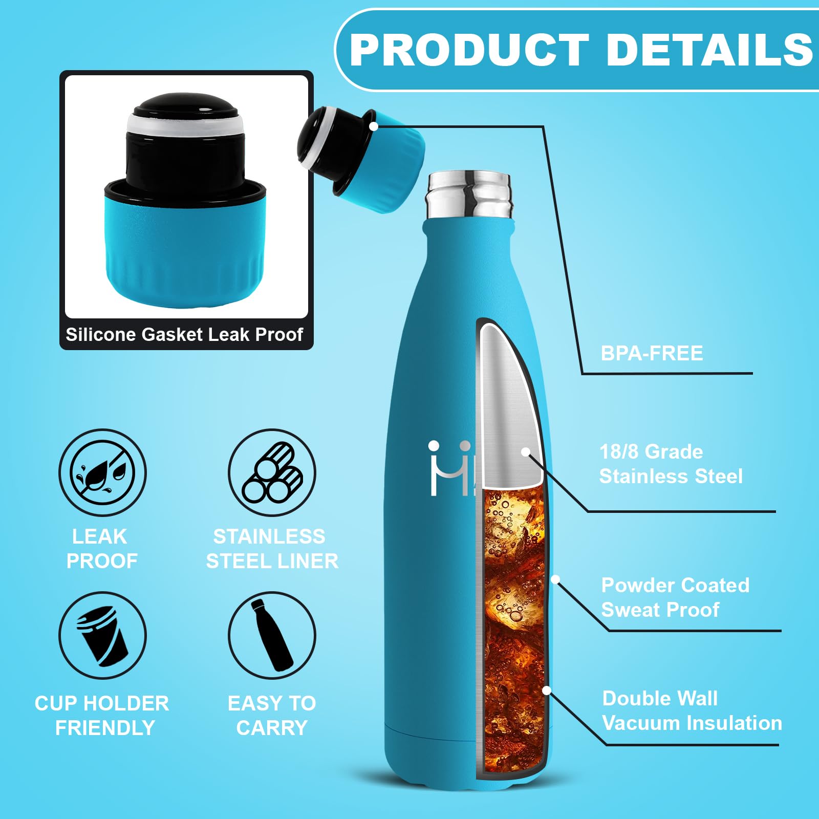 Mujigaga Borraccia Termica, Borraccia 500 ml, Senza BPA, Senza Perdite, Borracce Acciaio Inox, Mantiene Caldo per 12 Ore/Freddo 24 Ore, Borracce per Scuole, Viaggio, Palestra, Sport