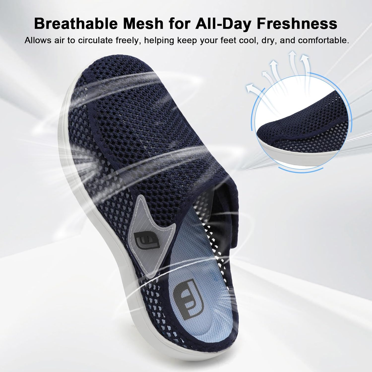 JOINFREE Womens Adjustable Slippers Wide Width Comfort Diabetic House Shoes for Swollen Feet, Edema, Elderly, Pregnancy, Non-Slip Slip-on Breathable Indoor Slippers Navy Blue 7 - Image 5