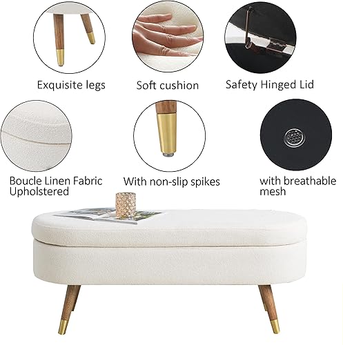 Miniatura 18 de IAFIKE Banco de almacenamiento ovalado de 43.5 pulgadas, banco otomano tapizado de tela boucle con patas de metal dorado, extremo de cama para