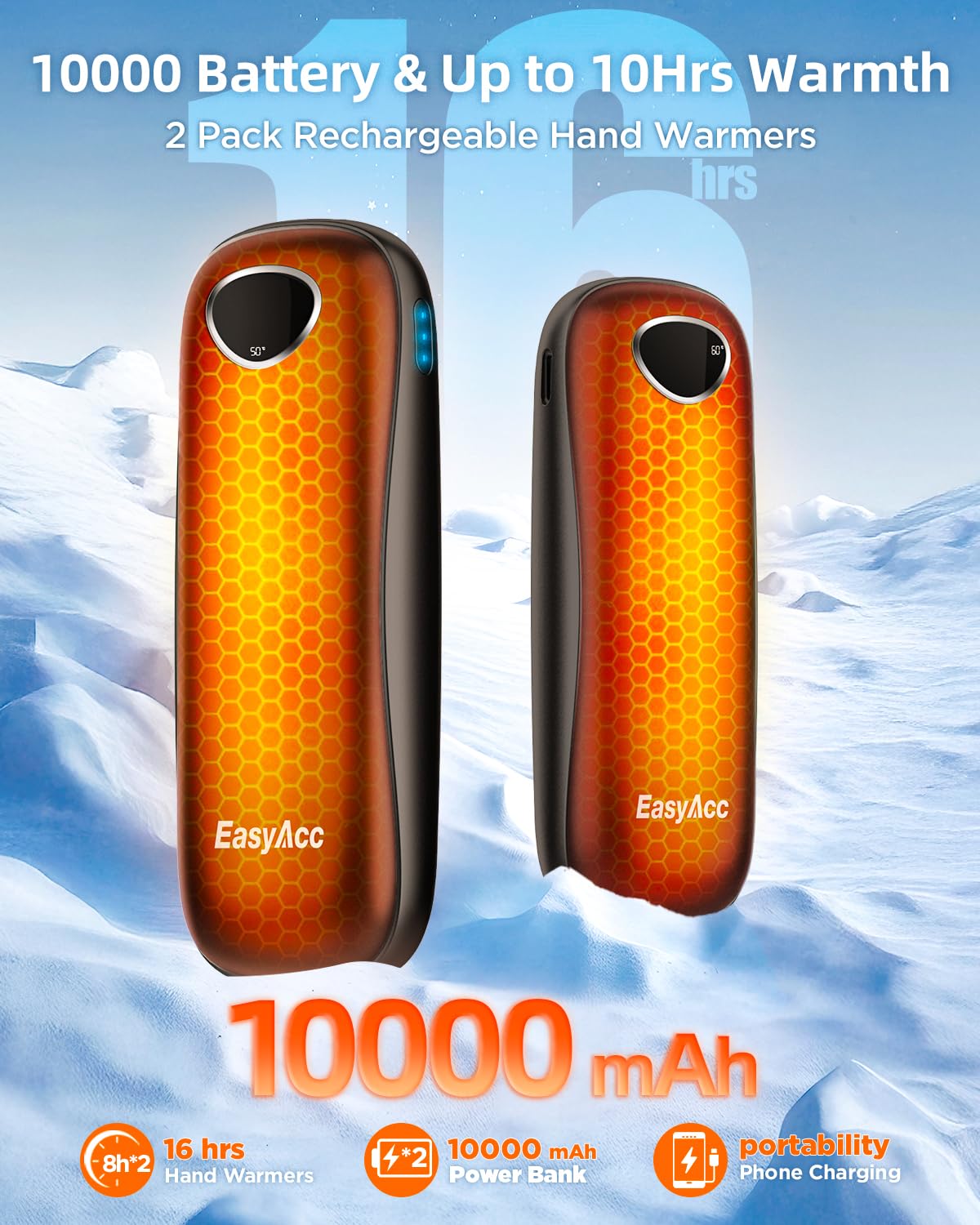 EasyAcc® 10000mAh Hand Warmers Rechargeable 2 Pack,16Hrs Long Safe Heat,[Lifetime Service] Reusable Pocket Electric Hand Warmers Heaters Rechargeable for Gloves,Raynauds,Women,Men,Camping OT-95