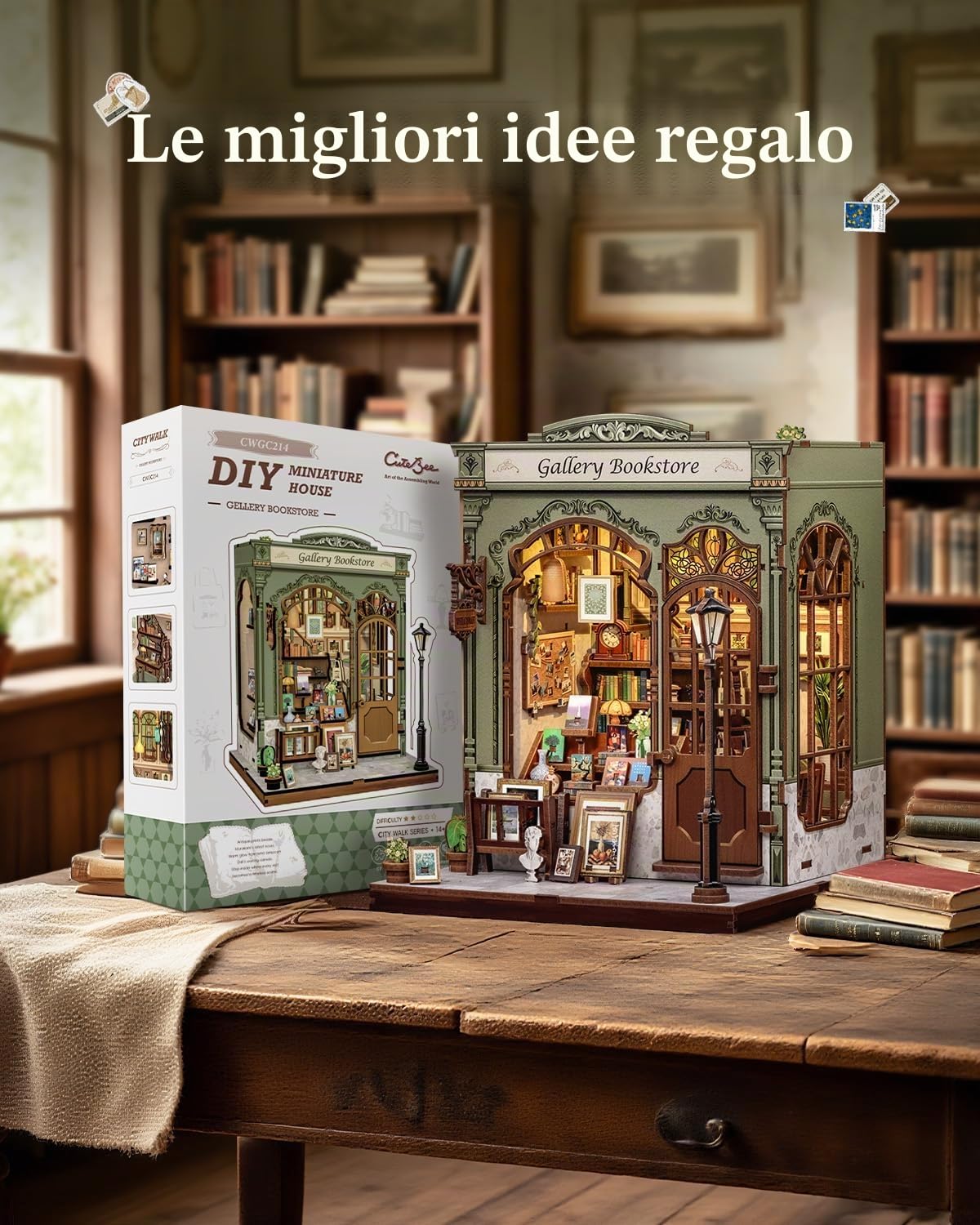 CUTEBEE Book Nook: Kit Casetta Fai da Te, Miniatura Retro in Legno 3D, Fermalibri Decorazione (Gellery Bookstore)