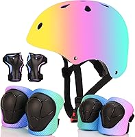 Vista 8 de Casco de bicicleta ajustable con gradiente de color y coderas y rodilleras - Casco para niños y niñas para patinaje, edades 3-14 Ideal