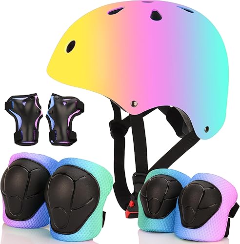 Miniatura 8 de Casco de bicicleta ajustable con gradiente de color y coderas y rodilleras - Casco para niños y niñas para patinaje, edades 3-14 Ideal