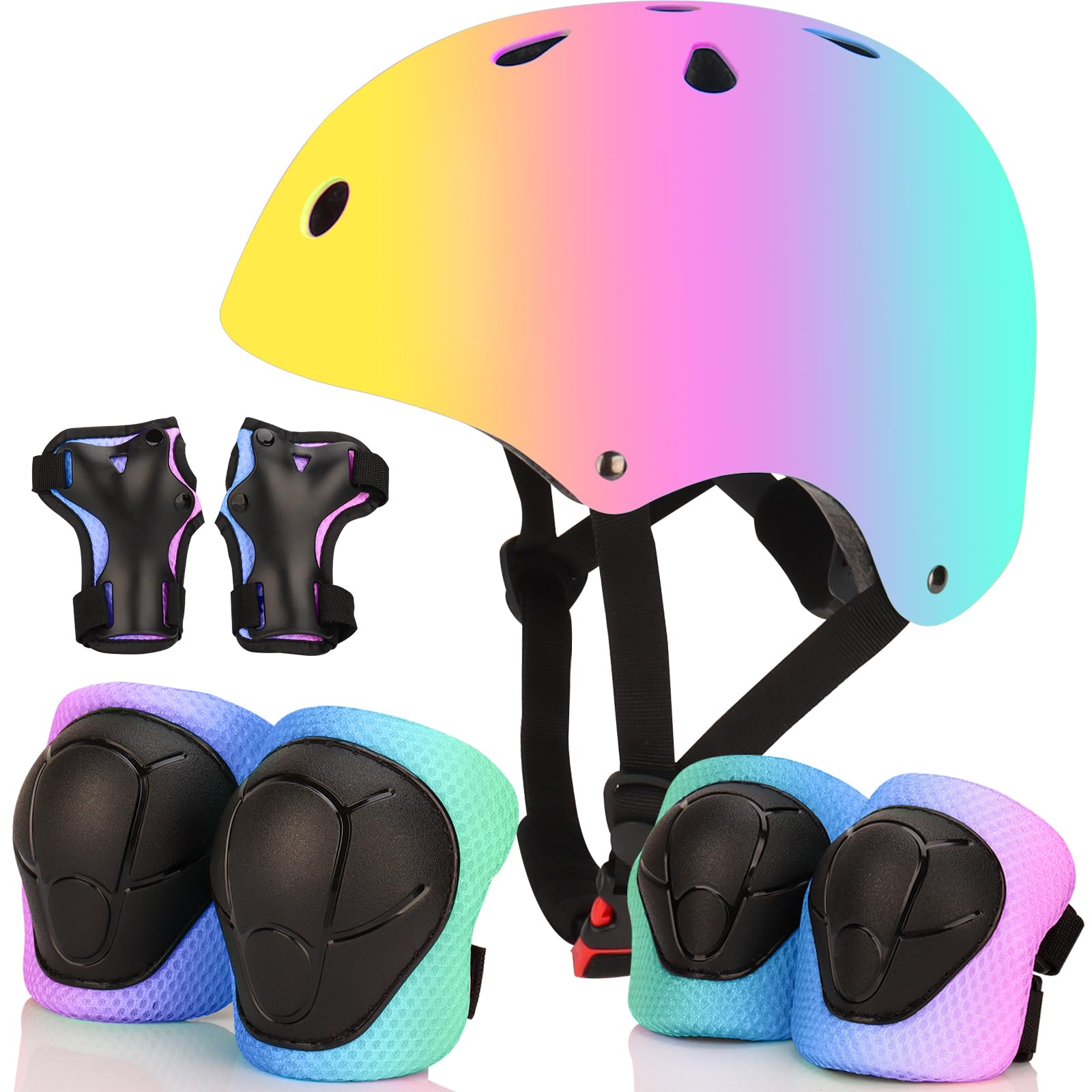 Color Gradient Adjustable Bike Helmet with Knee and Elbow Pads - Kids Toddler Boys and Girls Skateboard Helmet for Ages 3-14 | Ideal for Riding,