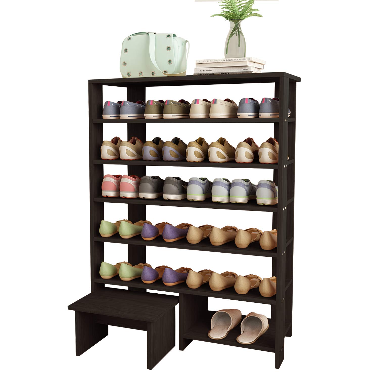 Jerry & Maggie - 6 Tier Wood MDF Shelf Shoe Rack with One Footstool/Shoe Storage Shelves Free Standing Flat Shoe Racks Classic Style -103% Multi Function Shelf Organizer - Black