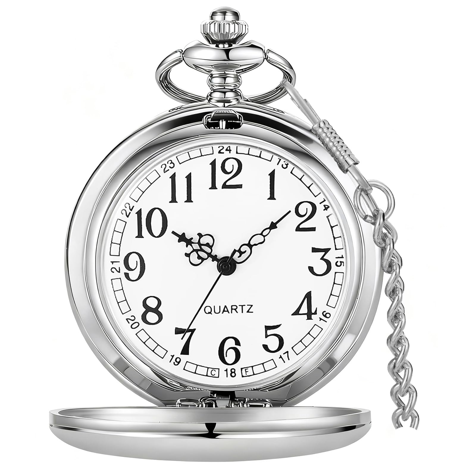 Tiong Classic Smooth Steel Quartz Pocket Watch with Chain Roman Numerals Men Women Pocket Watches Pendant Fathers Day Birthday Gift 46-silver