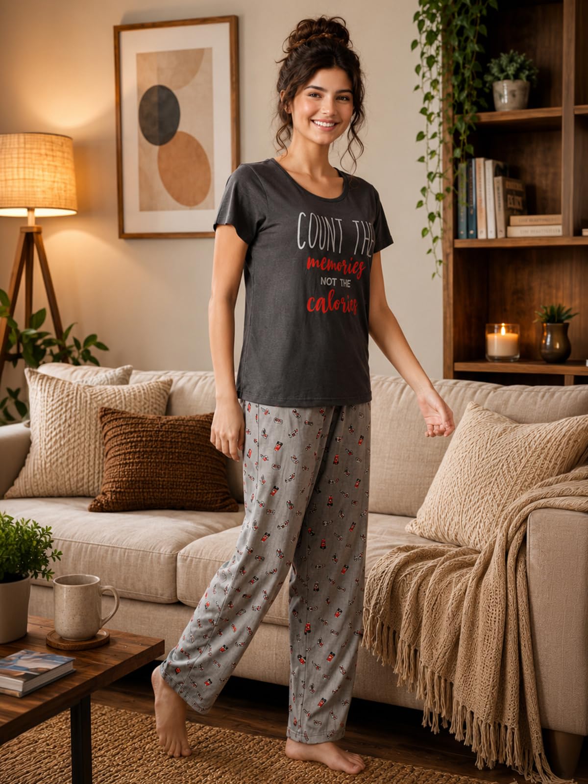 Clovia Conjunto de pijama y top para mujer de algodón estampado en gris