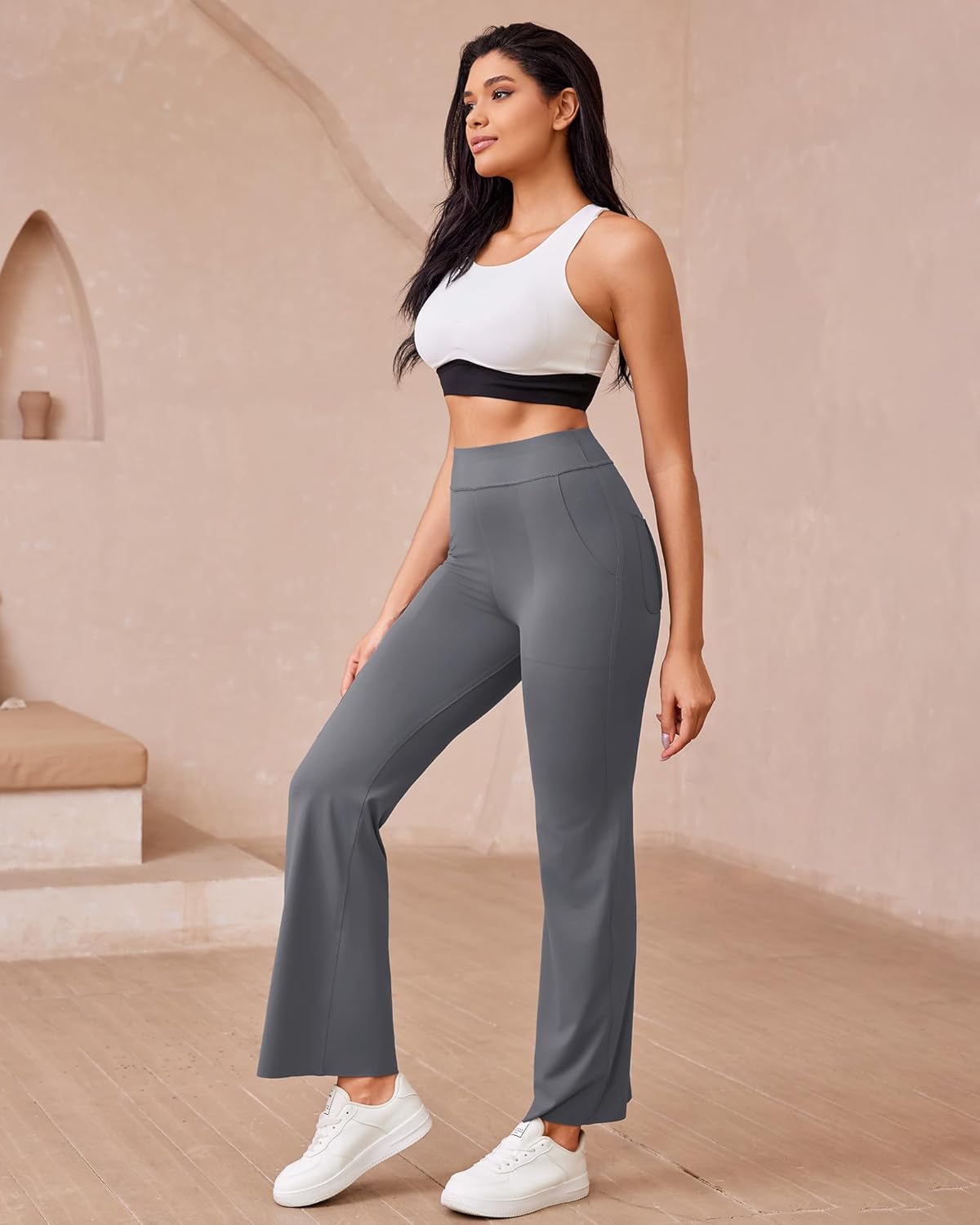 Women's Straight Leggings with Pocket No Front Seam Yoga Gym Cargo Pant High Waisted Tummy Control Soft Bootcut Pants - Image 4