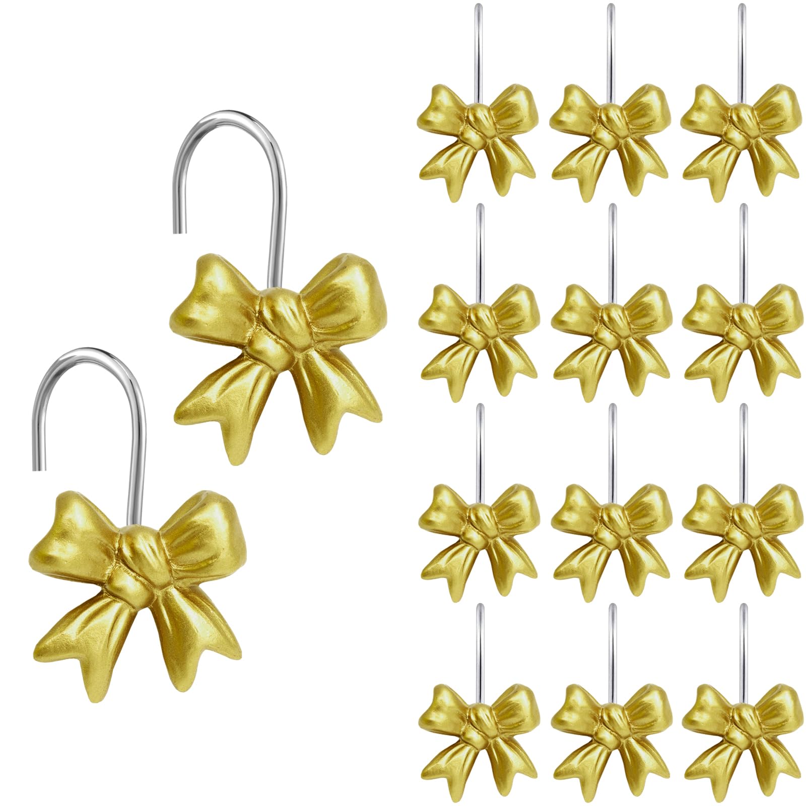 12 Pack Gold Bow Shower Curtain Hooks,Shower Hooks for Shower Curtain,Shower Rod Hooks Stainless Steel Shower Rings for Curtain