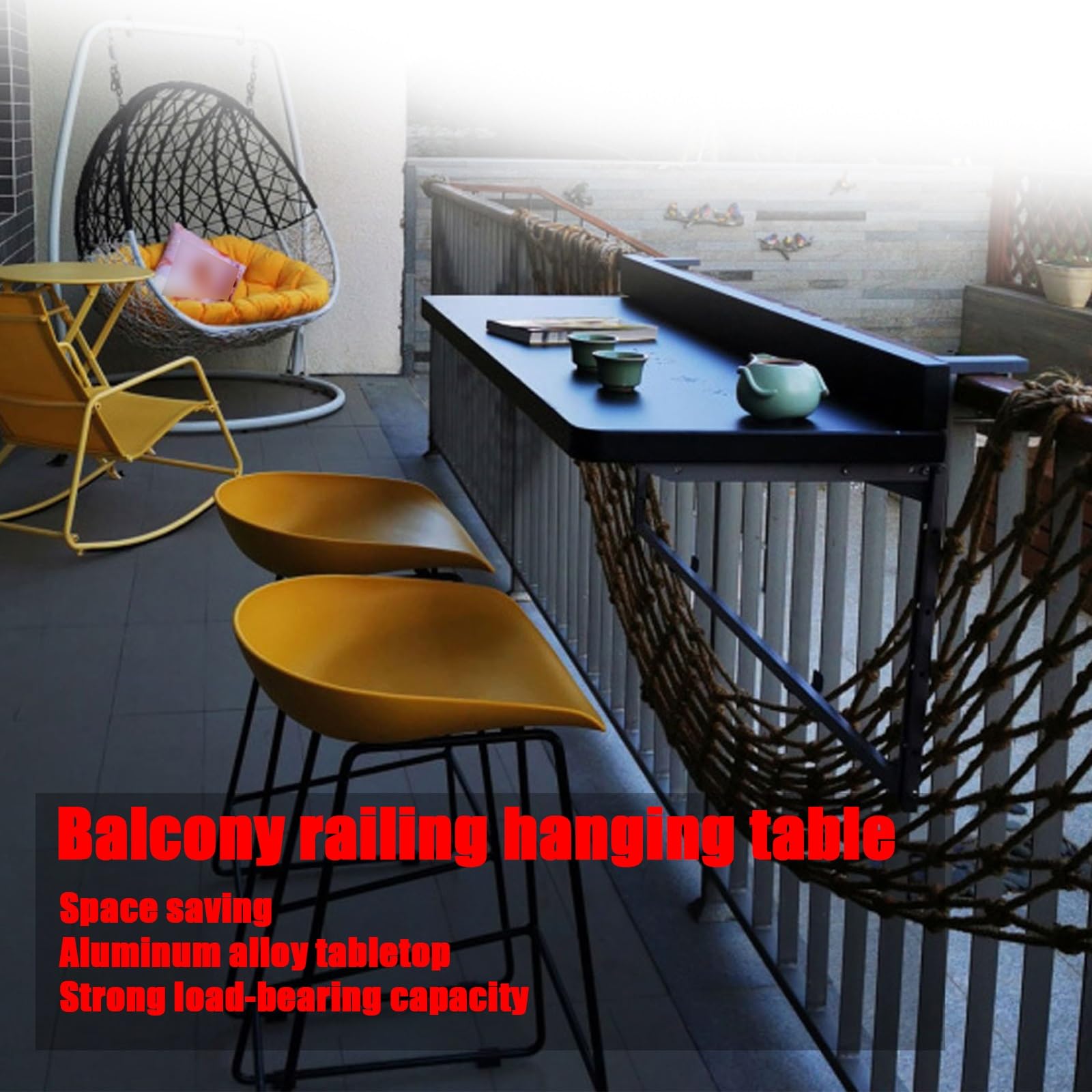 Tavolino Pieghevole da Parete per Balcone e Patio, Tavolo da Portata sospeso Regolabile, tavolino salvaspazio per Interni/Esterni (Nero, 100x39 cm)