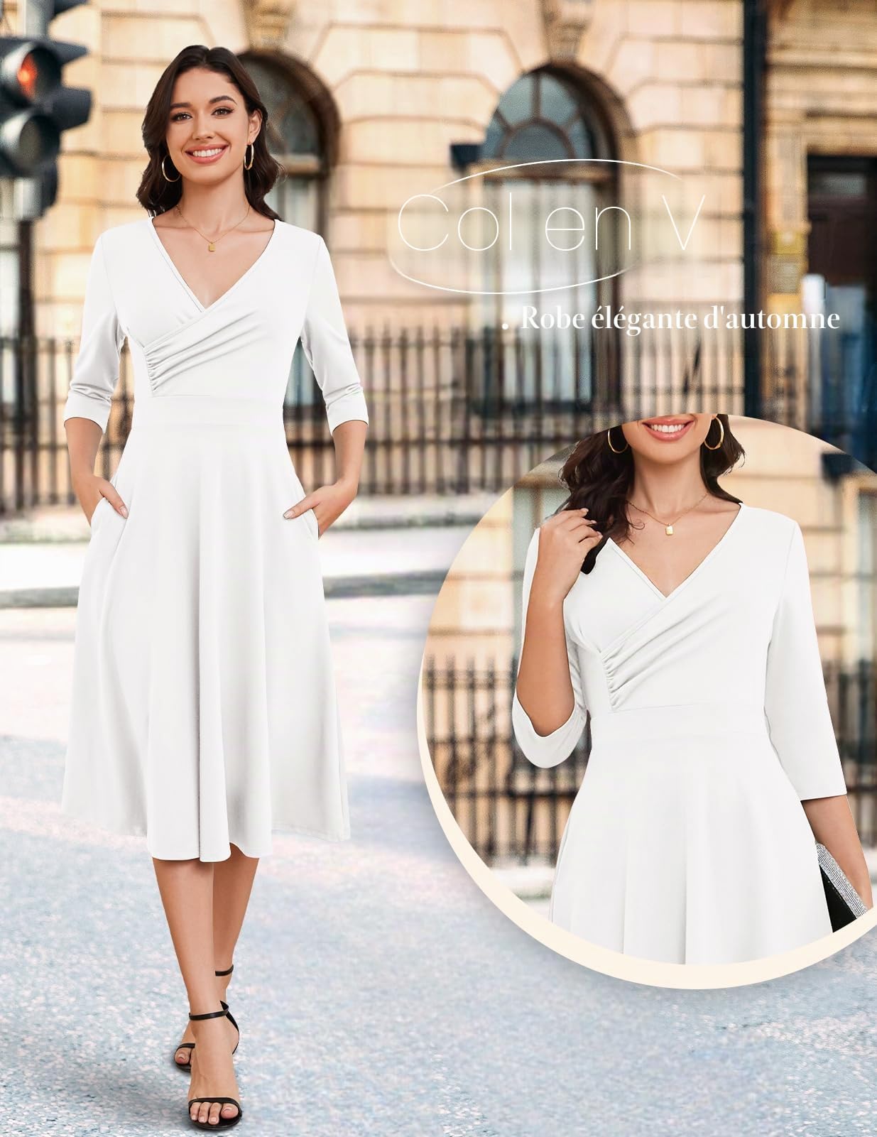 Bbonlinedress Robe Femme Chic et Elegant Midi de Soirée Noël Cocktail pour Mariage Bal Promo Cérémonie Col en V Manches Courtes