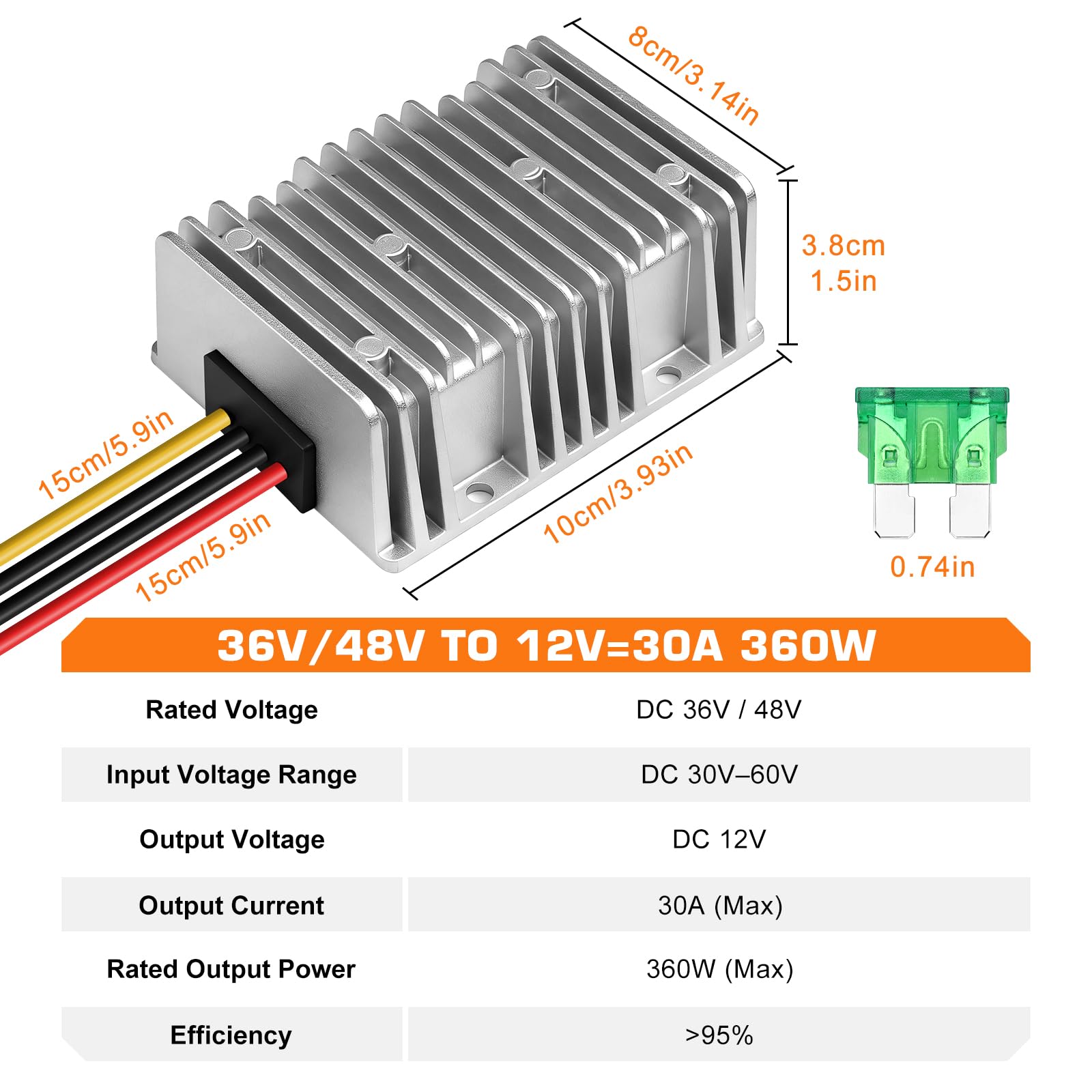 Convertidor de 36 V, 48 V a 12 V, 30 A, 360 W, impermeable, DC-DC, reductor de voltaje con fusible, transformador de fuente de alimentación para carrito de golf, carretilla elevadora, coche