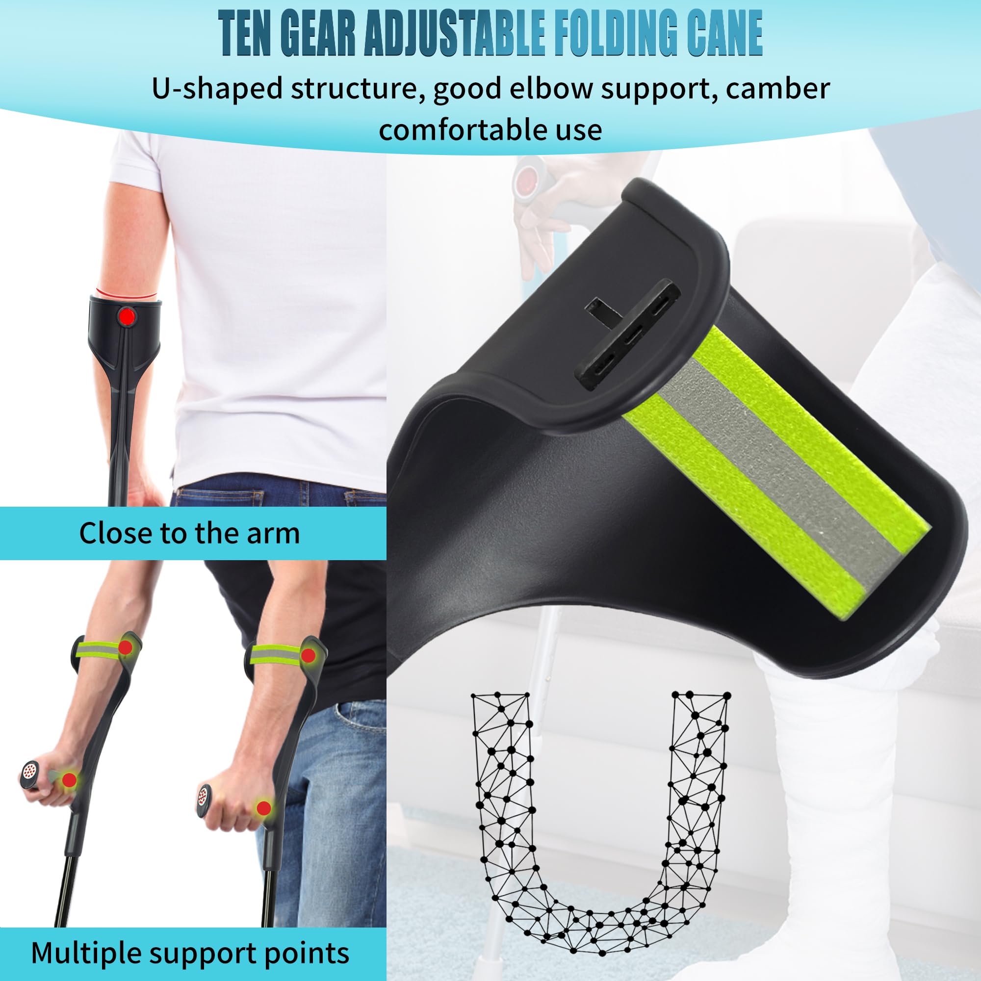 Stampelle pieghevoli per avambraccio per adulti (2 unità) - Stampelle a gomito per adulti, donne, uomini, altezza regolabile, leggera stampella con manico ergonomico e base antiscivolo, supporto per