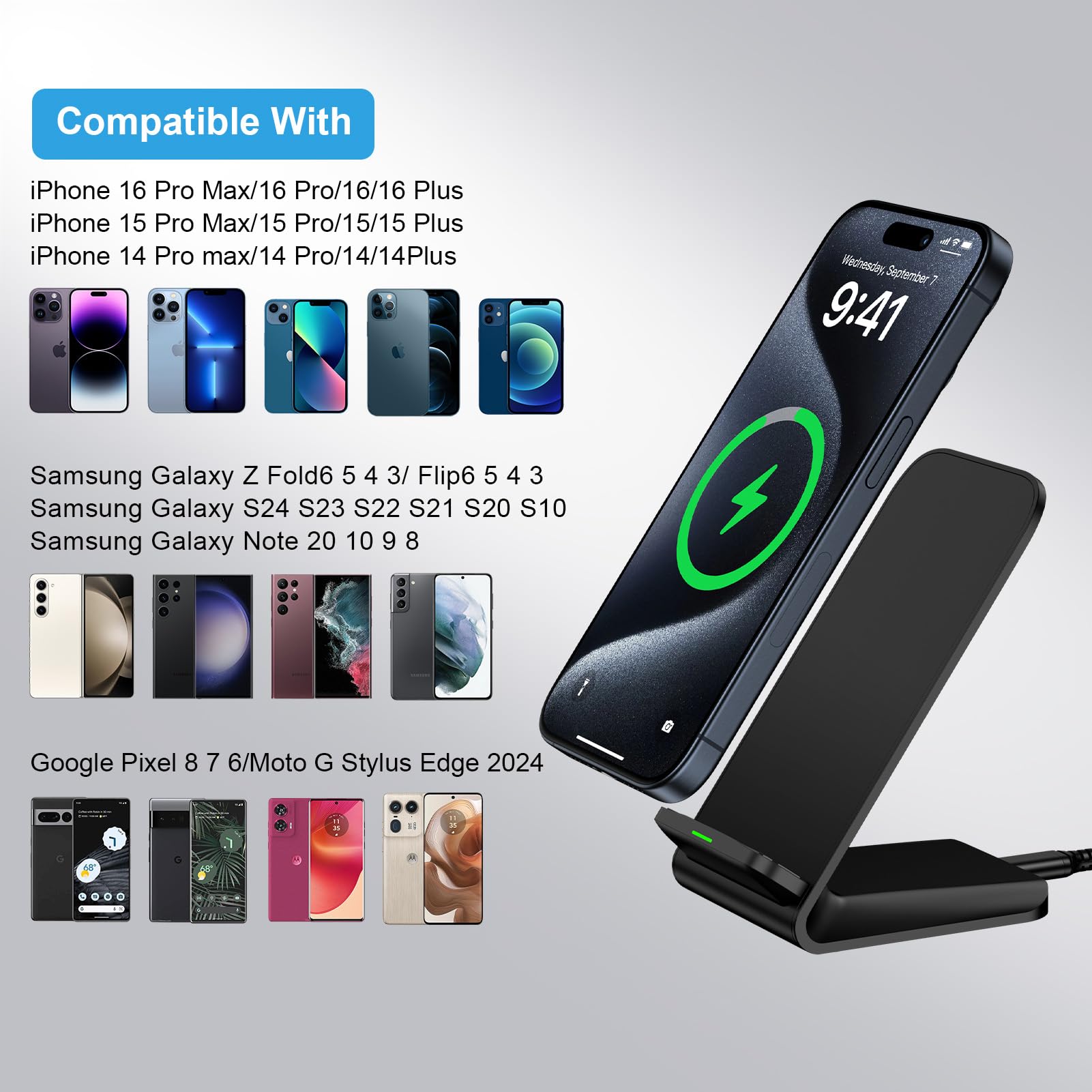 Google Pixel 9 Wireless Charger Stand Fast Charging for Pixel 10 Pro XL 9A 9 Pro XL Fold 9 8A 7A 8 7 6 Pro,15W Phone Wireless Charger Station for Samsung Galaxy S25 S24 S23 S22 S21 S20 Ultra FE