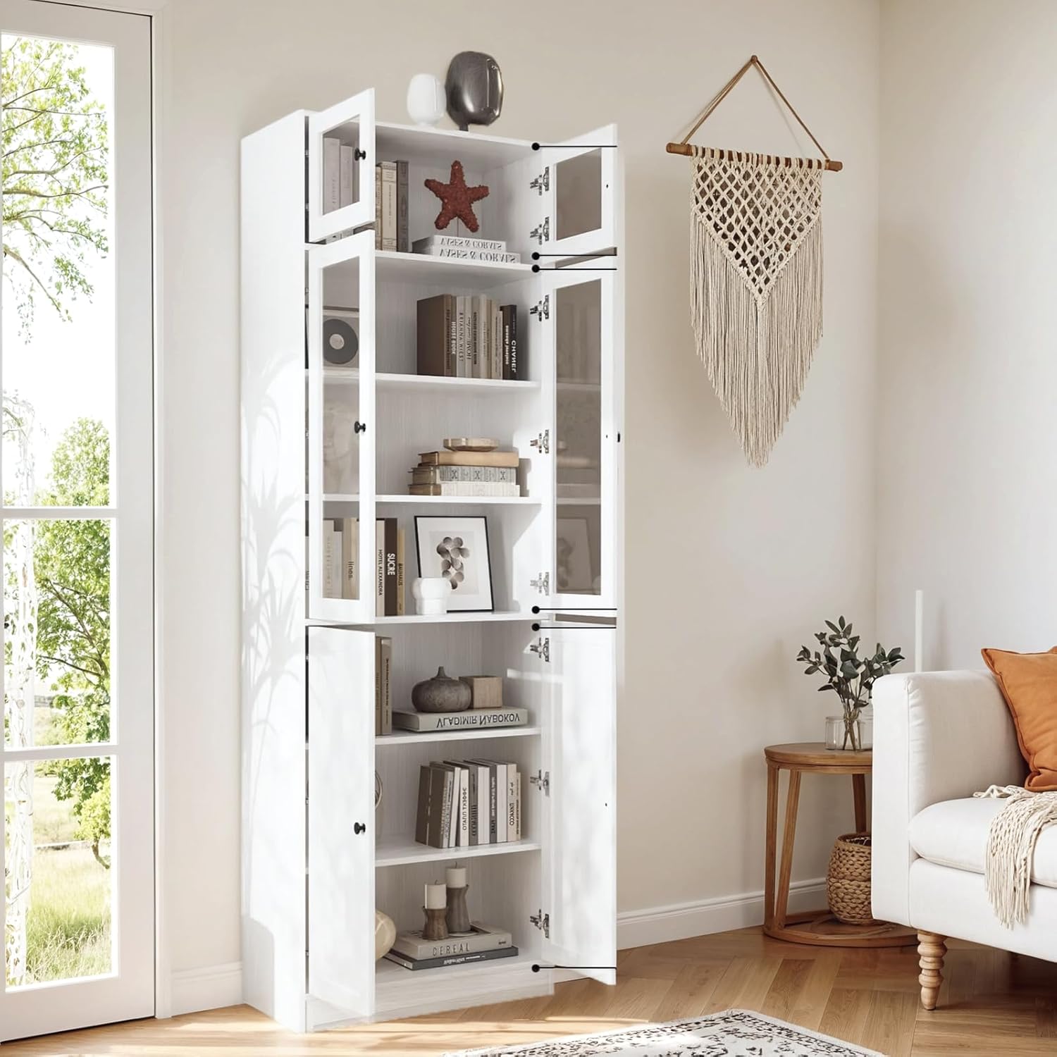 VOWNER 85.5" Tall Bookshelf Single Pack - Half Glass Door Design, White 7 Tier Book Shelf, Curio Cabinets with Storage, DIY Large Bookcase for Living Room, Office