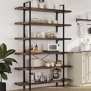 LotaTools 6 Tier Bookcase, 47 Inch Wide Wood Bookshelf, 120lbs Shelf Capacity Estante, Rustic Open Shelving Industrial Display with Reinforced Horizontal Brown Shelves for Living Room Bedroom Office