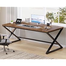 LVB Rustic Large Home Office 70.8" Long and Wide Computer Desk, Wood Metal Work Desk for Study Writing Gaming, Farmhouse Dual Monitor Workstation Executive Computer Table, Rustic Brown