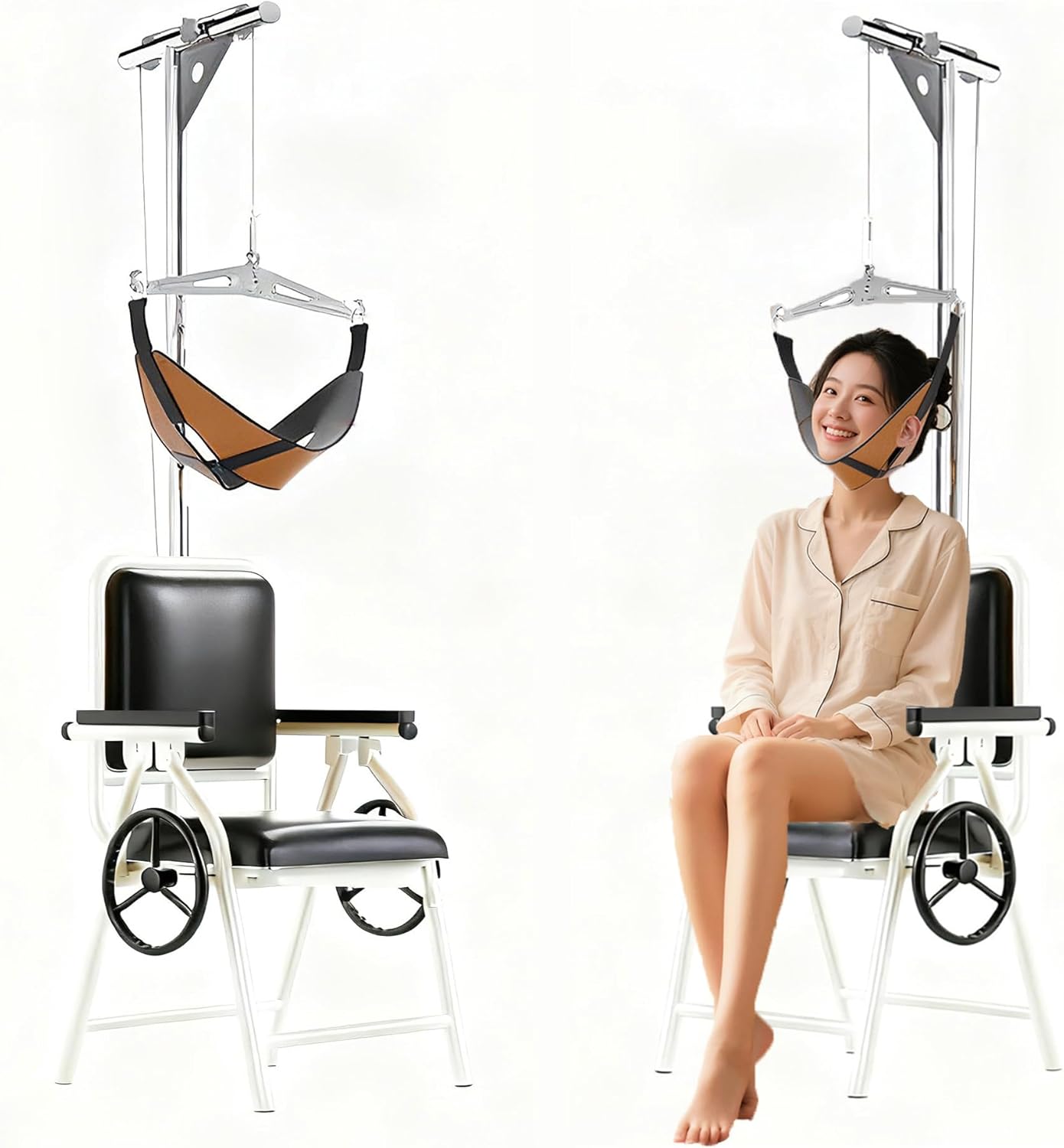 Professional Cervical Traction Device & Neck Stretcher Chair - Adjustable Home Neck Pain Relief System with Force Gauge, Use for Spinal Decompression, Relieve Numbness & Stiffness, Foldable