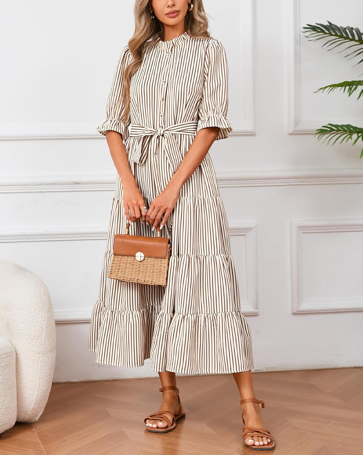 Women's Striped Stand Ruffle Collar Maxi Dress Half Sleeve Button Down Flowy Belted Beach Vacation Dress - Image 2