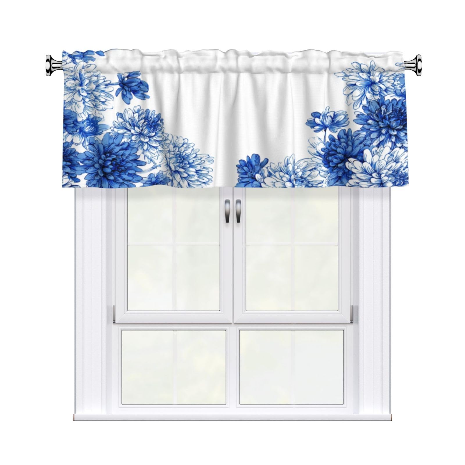 Woshuwo Blue And White Chrysanthemum Pattern Valances For Windows Rod Pocket Window Treatment Short Curtains For Kitchen Living Room Bedroom Decor 54x18in