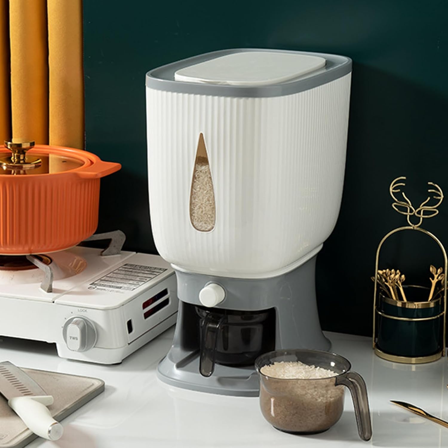 Rice Storage Container 22lb Airtight Rice Holder with One Touch Dispenser Measuring Cup View Window Sealed Food Storage Container for Pantry Kitchen Organisation Grey