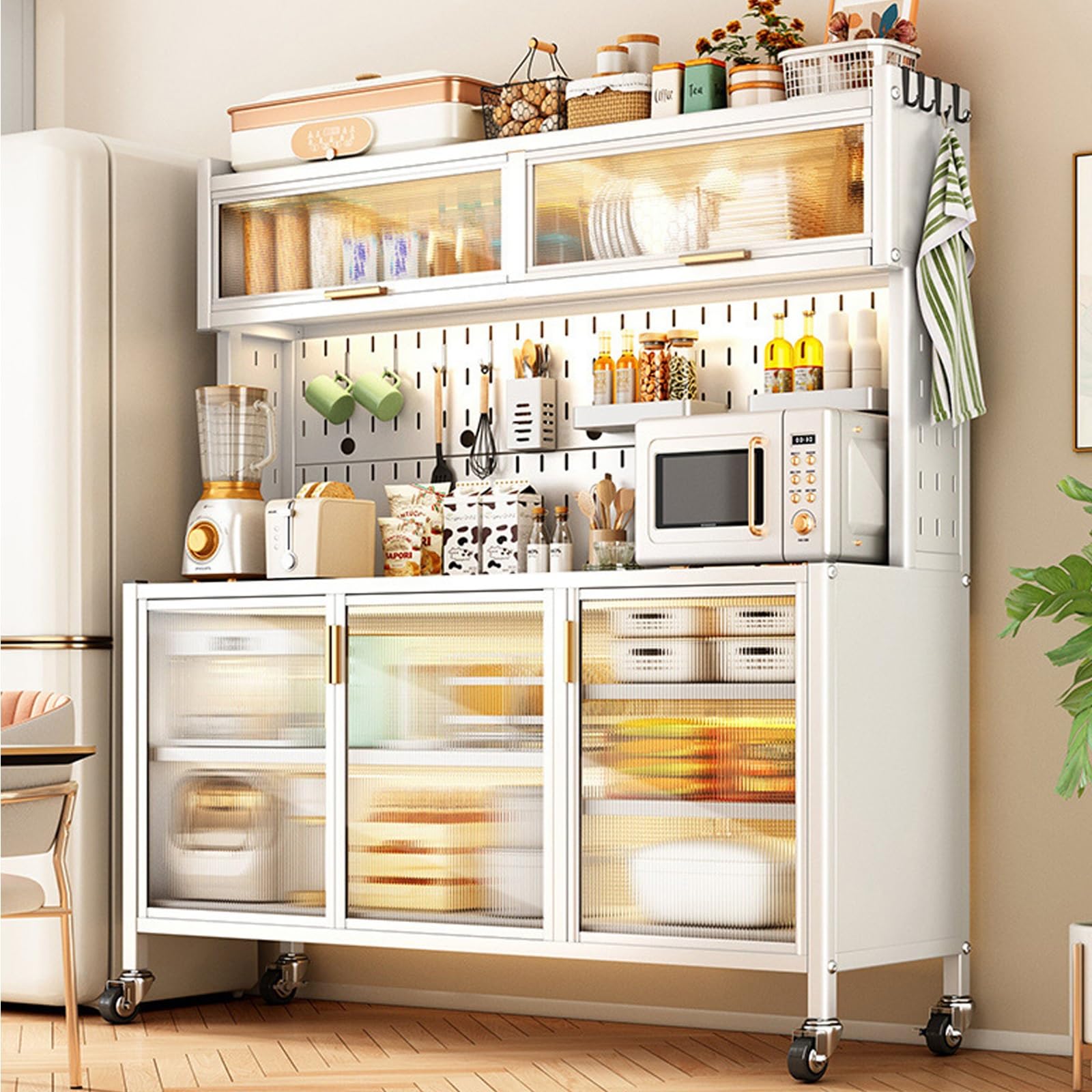 Scaffale da cucina multifunzionale da 142,2 cm, con anta a ribalta e ruote infrangibili, versatile per microonde, ufficio, dispensa, garage, soluzione salvaspazio