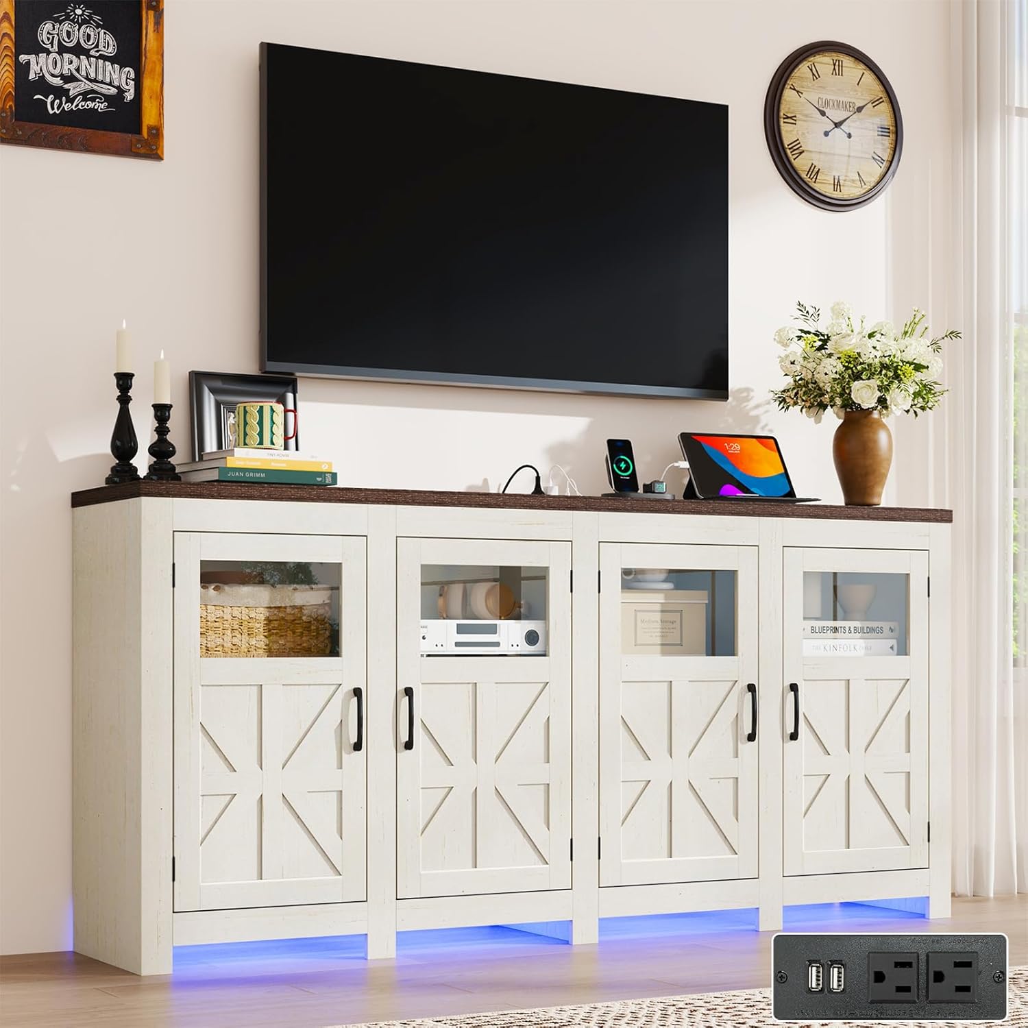 74" Large LED Farmhouse TV Stand for 80/75/70 Inch TVs with Power Outlets ,Tall Entertainment Center Storage Cabinets,Rustic TV Stands for Living Room wAdjustable Shelves,Media Console(Off white)