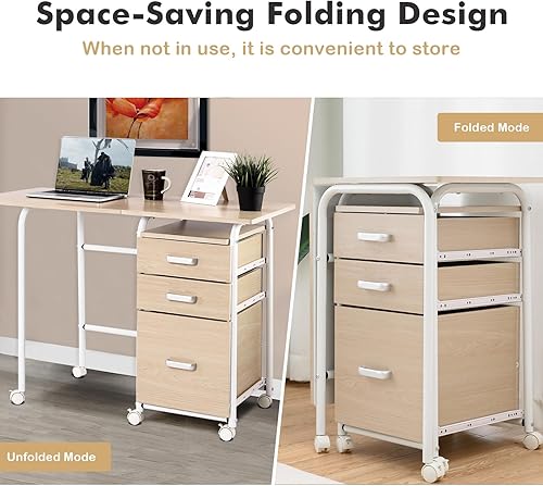 Miniatura 5 de Escritorio plegable para computadora portátil con 3 cajones, escritorio para laptop con ruedas con marco de metal, escritorio plegable que ahorra